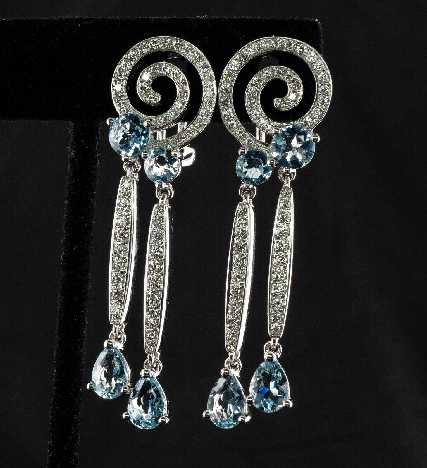 Diamond Aquamarine Earrings 18K Gold Dangle Geometric Spiral For Sale 5