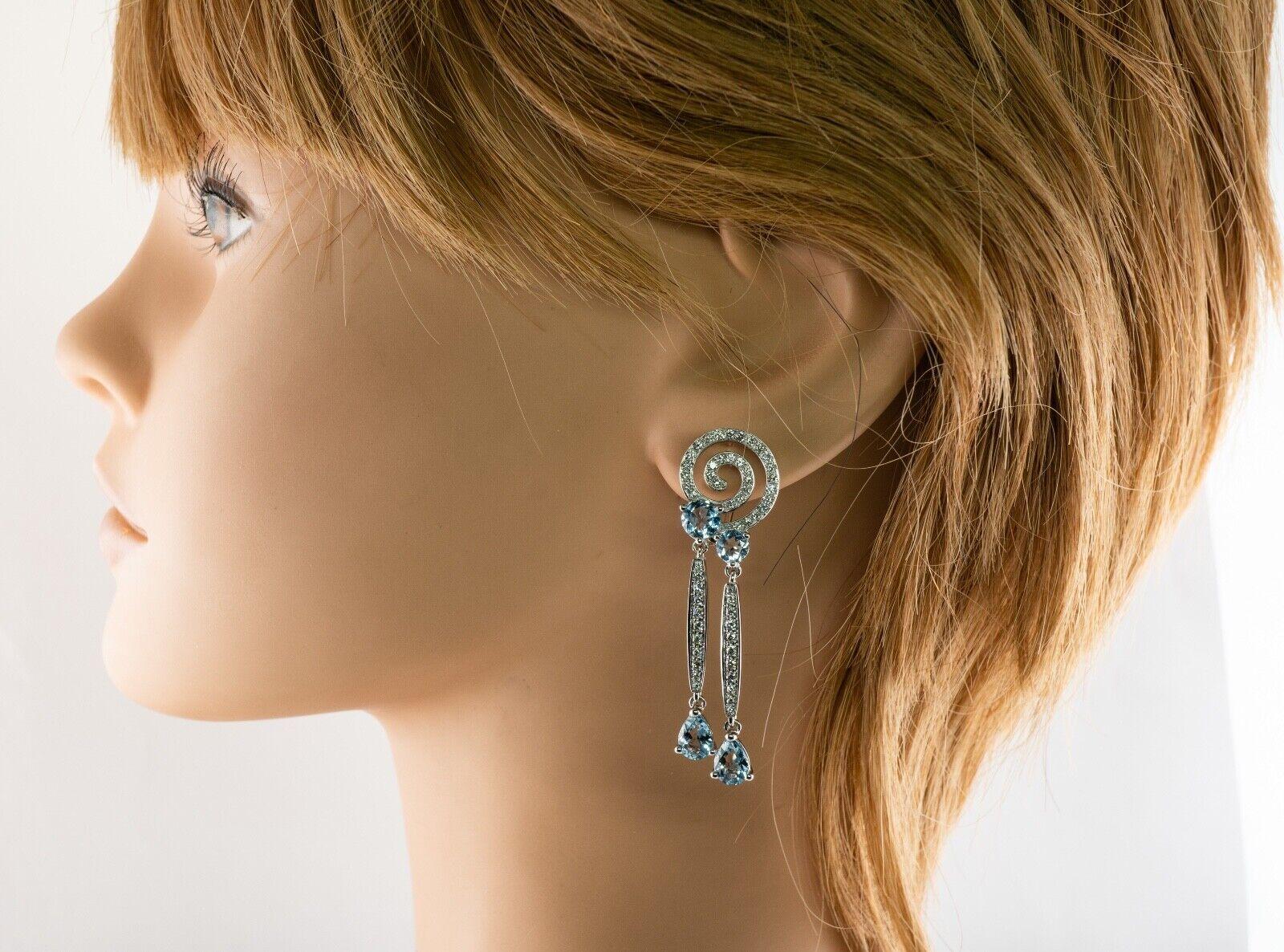 Diamond Aquamarine Earrings 18K Gold Dangle Geometric Spiral For Sale 6