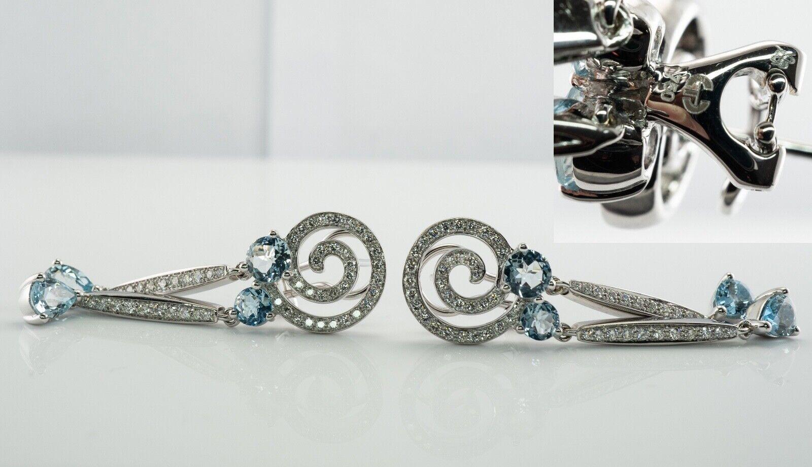Diamond Aquamarine Earrings 18K Gold Dangle Geometric Spiral In Good Condition For Sale In East Brunswick, NJ