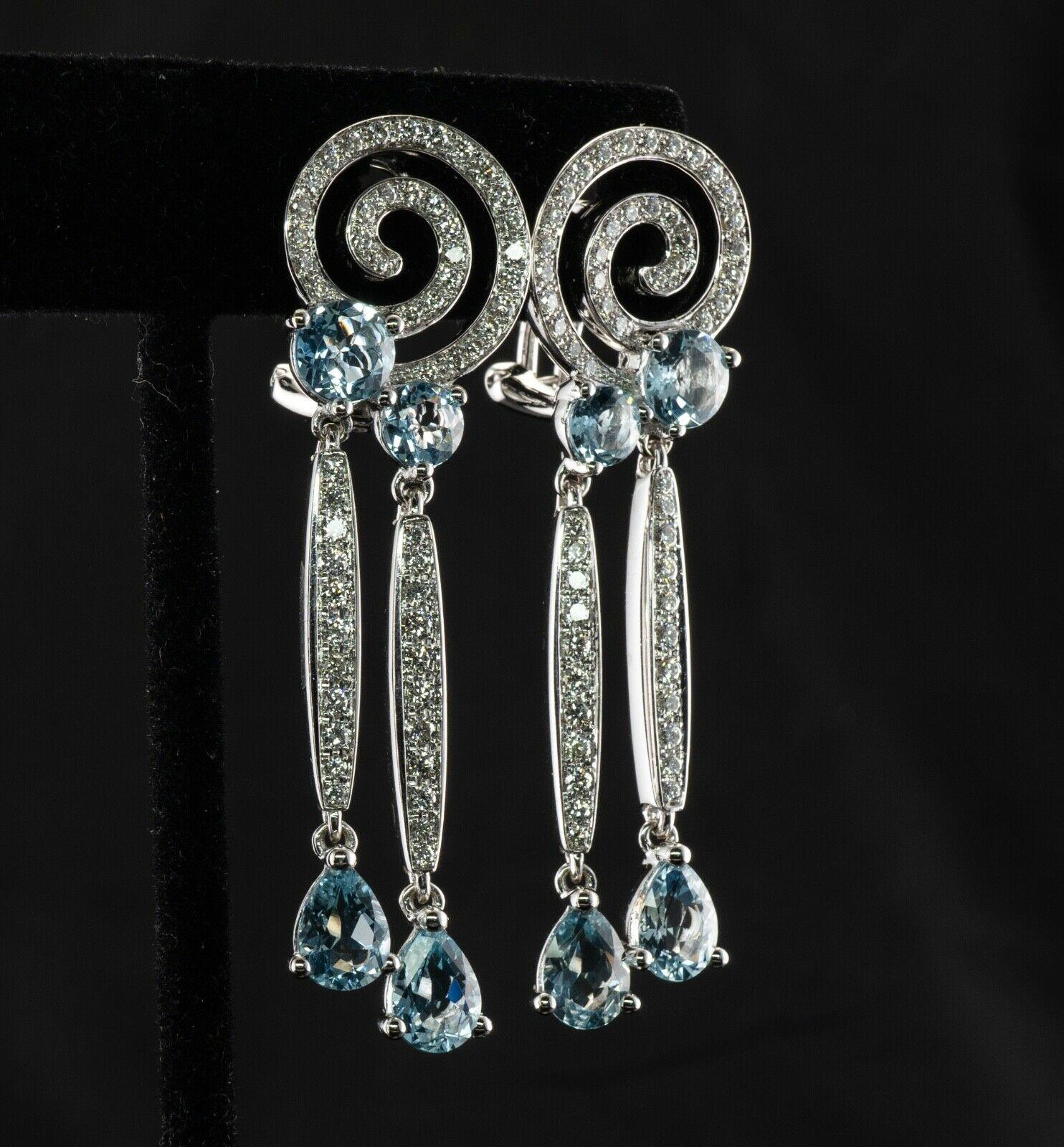 Women's Diamond Aquamarine Earrings 18K Gold Dangle Geometric Spiral For Sale