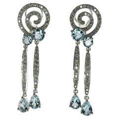 Diamond Aquamarine Earrings 18K Gold Dangle Geometric Spiral