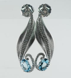Diamond Aquamarine Earrings 18K White Gold Dangle Leaf