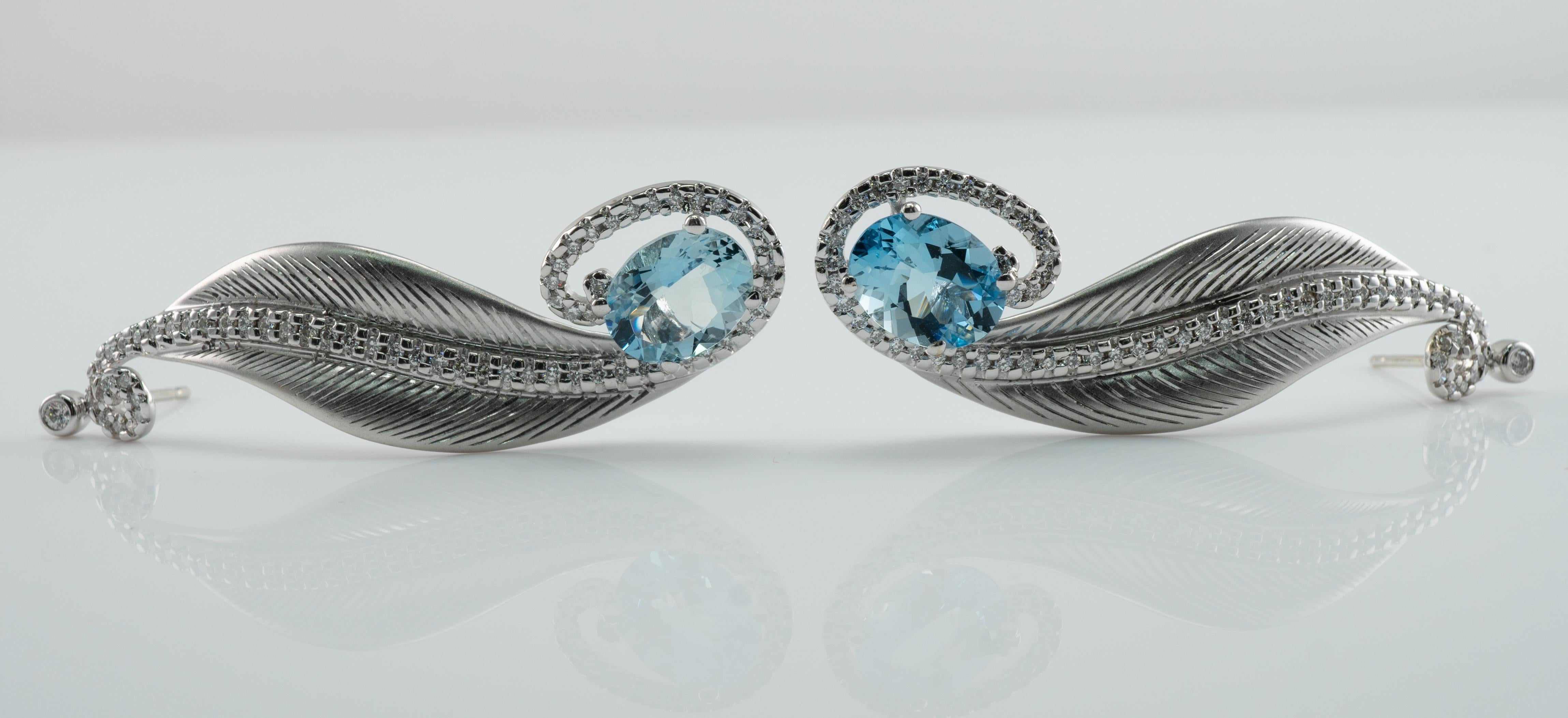 Women's Diamond Aquamarine Earrings 18K White Gold Dangle Leaf For Sale