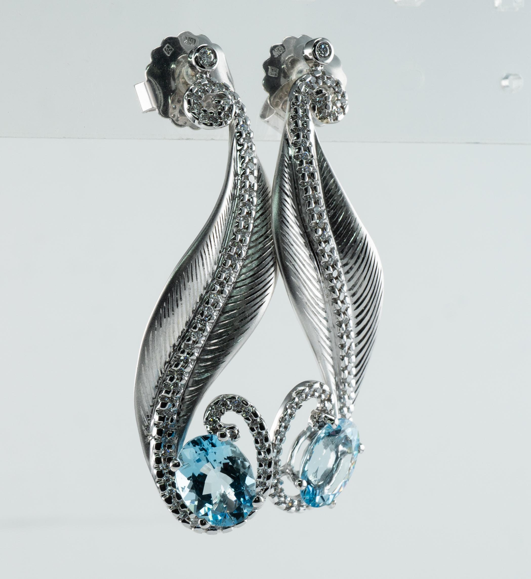 Diamond Aquamarine Earrings 18K White Gold Dangle Leaf For Sale 1
