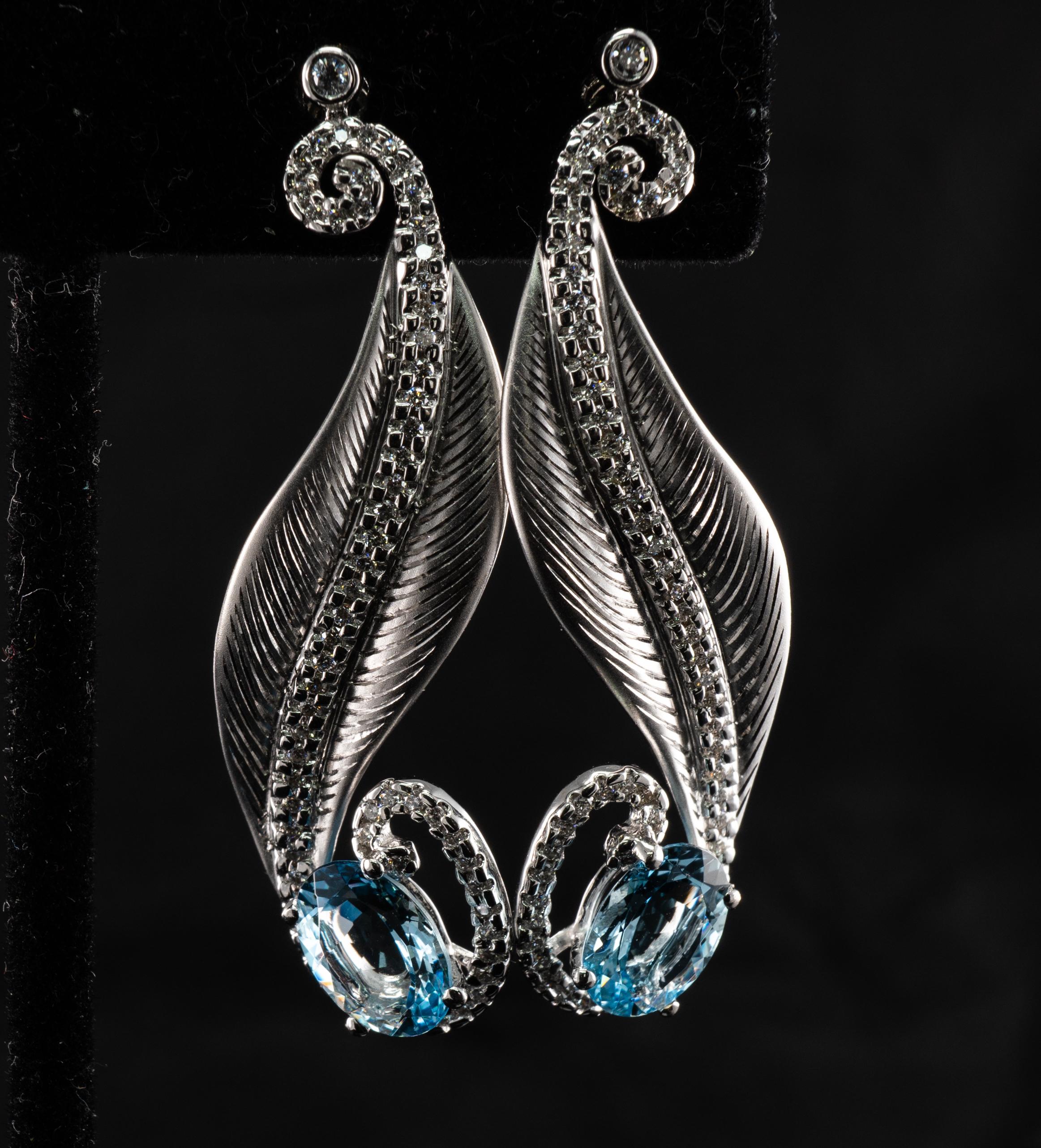 Diamond Aquamarine Earrings 18K White Gold Dangle Leaf For Sale 2