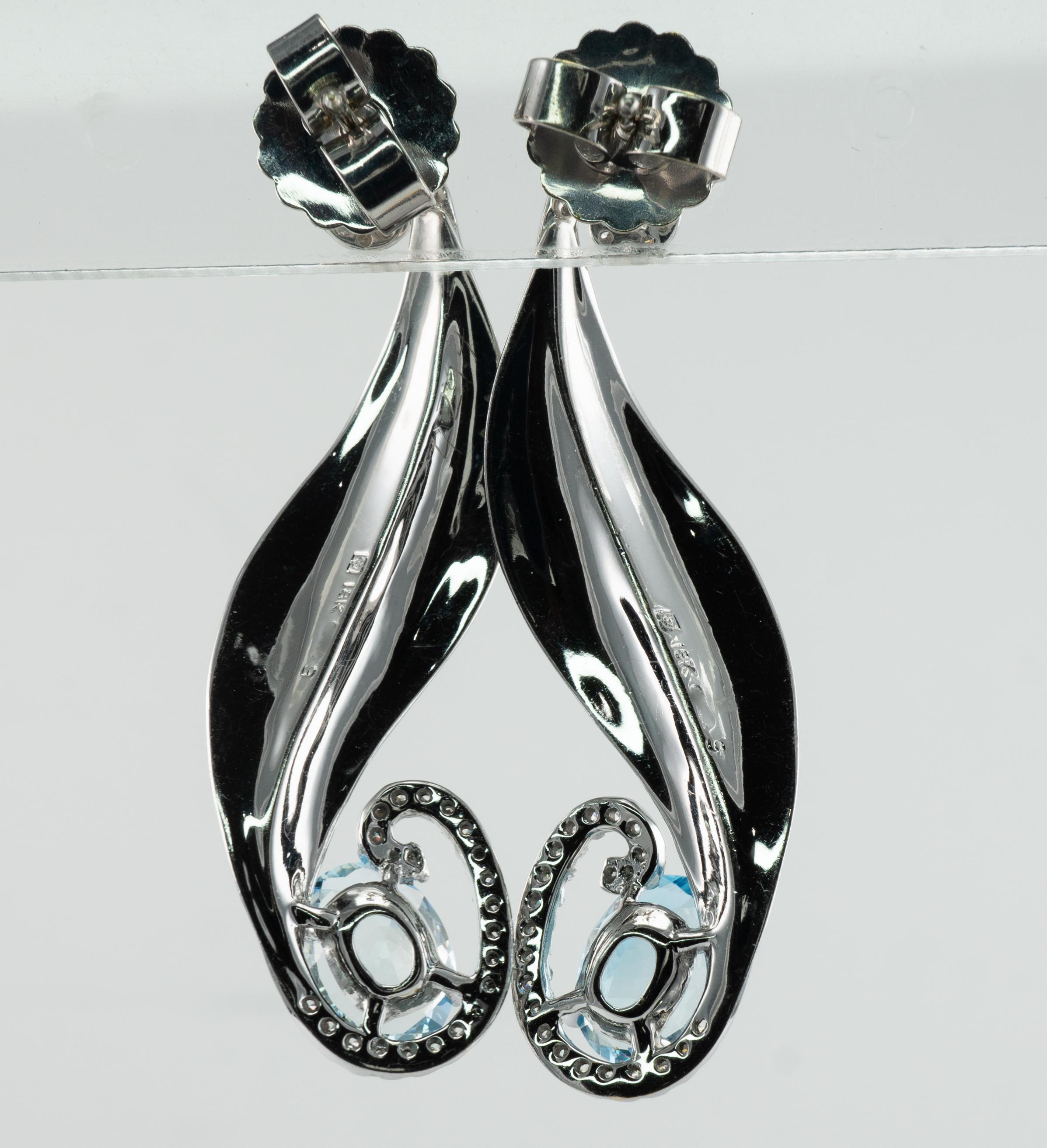 Diamond Aquamarine Earrings 18K White Gold Dangle Leaf For Sale 3