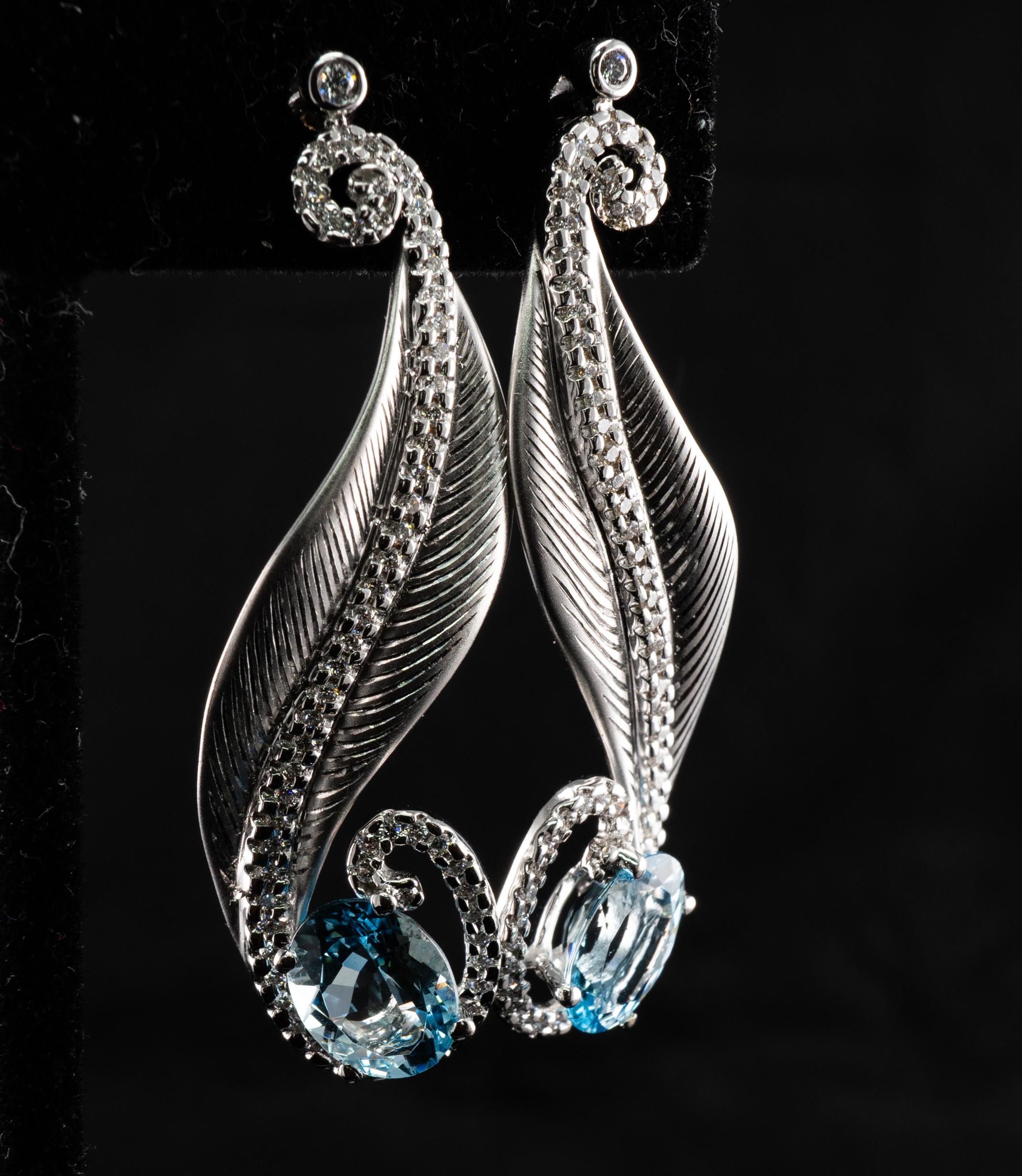 Diamond Aquamarine Earrings 18K White Gold Dangle Leaf For Sale 4