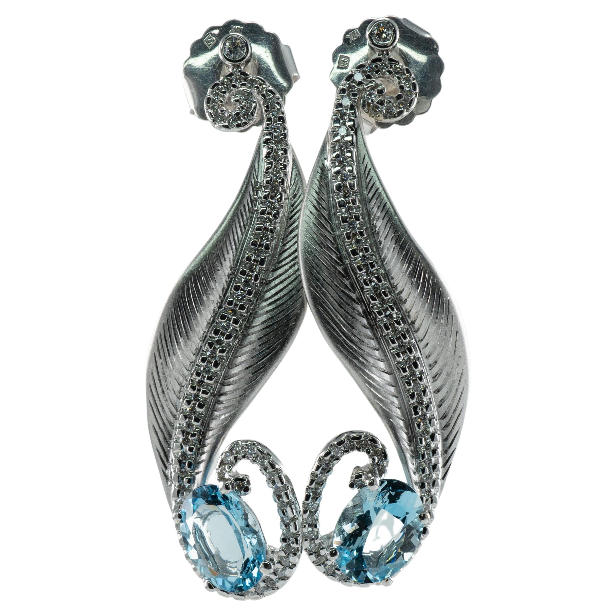 Diamond Aquamarine Earrings 18K White Gold Dangle Leaf For Sale