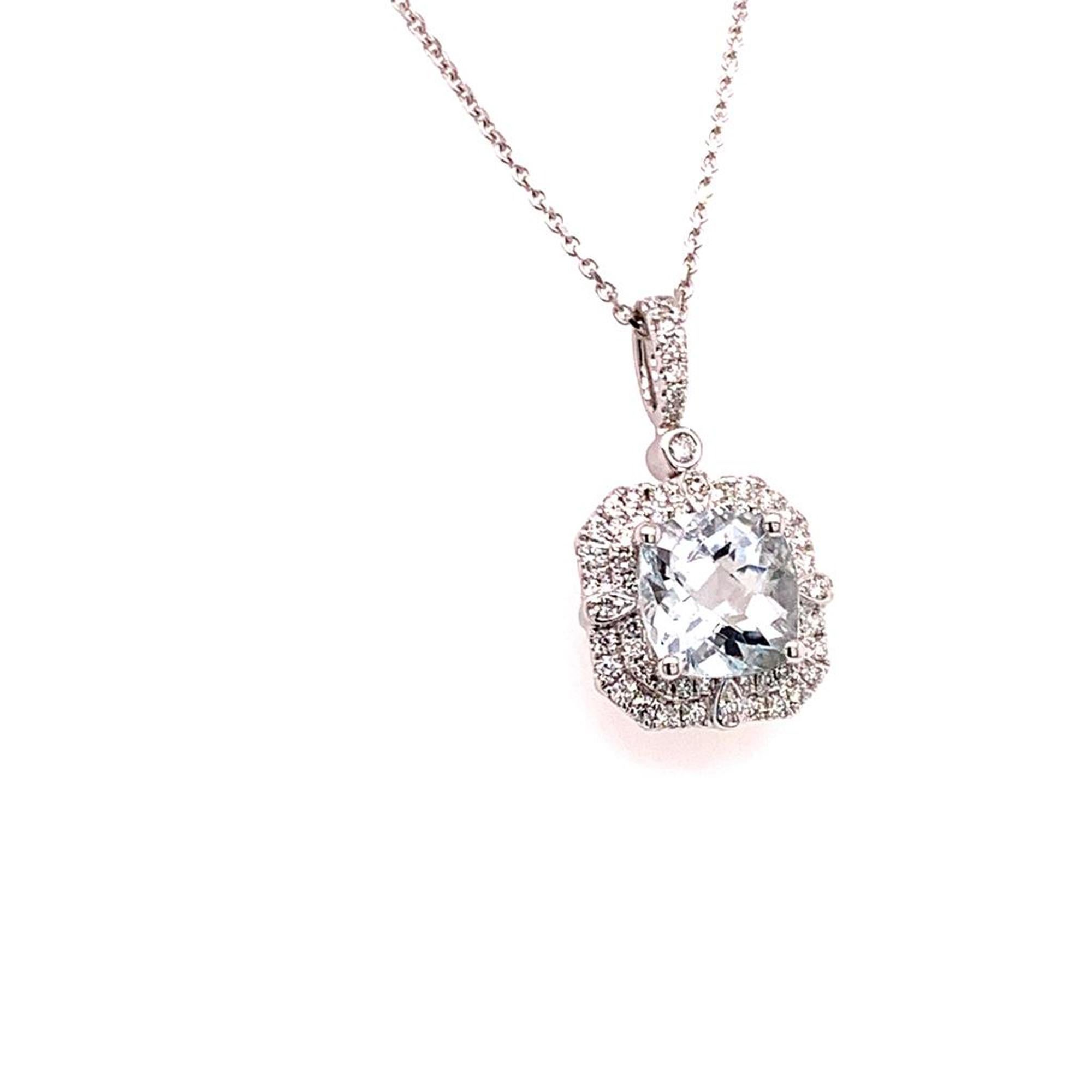 Cushion Cut Diamond Aquamarine Necklace 18k Gold 2.24 TCW Certified For Sale