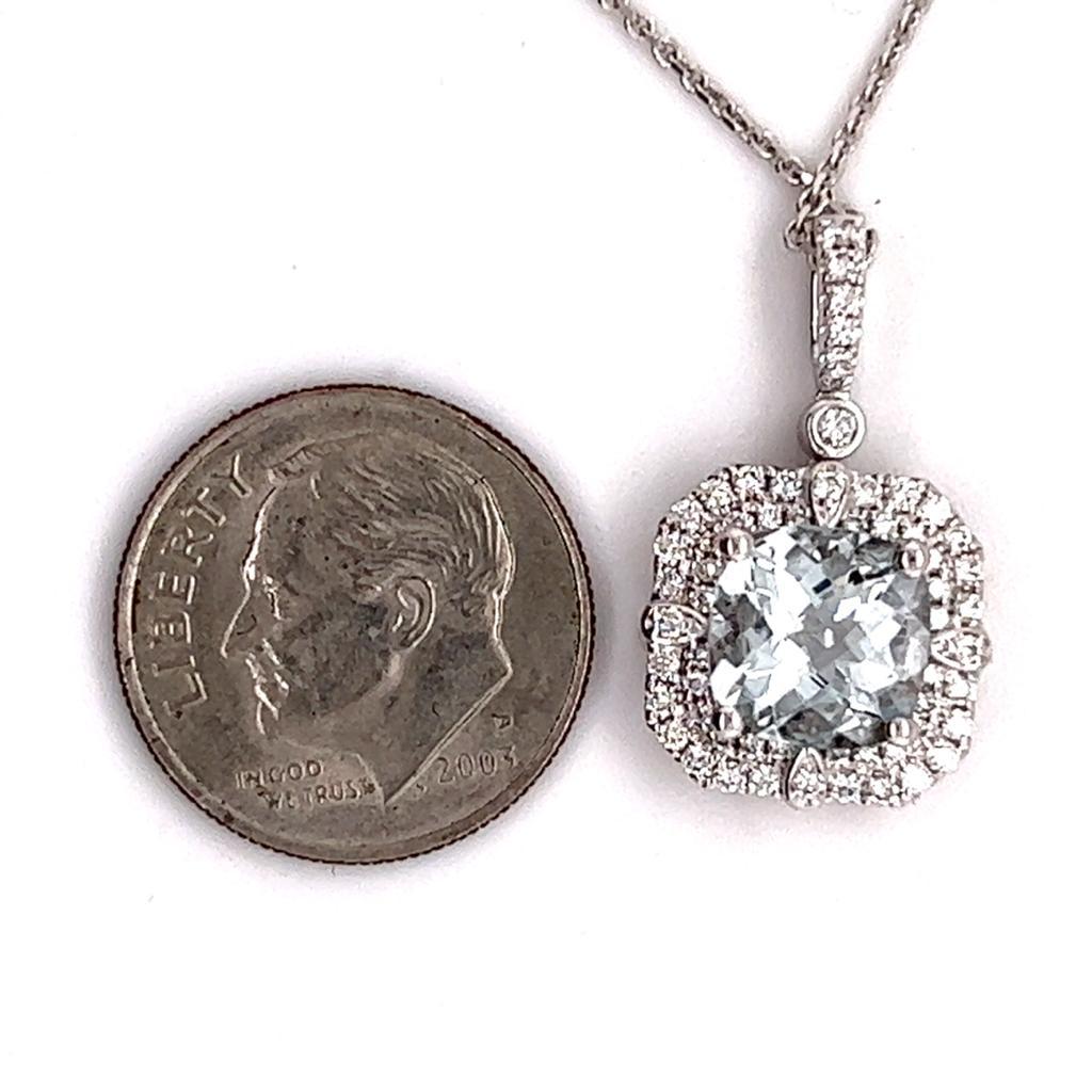 Cushion Cut Diamond Aquamarine Necklace 18k Gold 2.24 TCW Certified For Sale