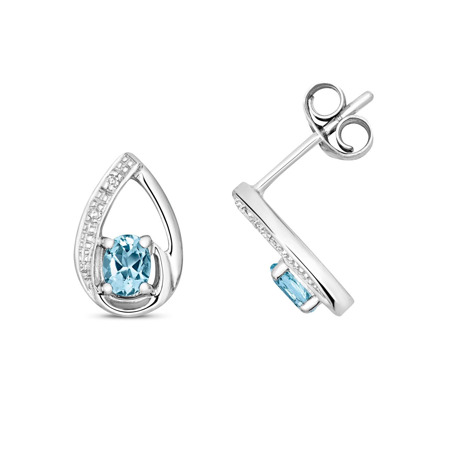 Women's Diamond & Aquamarine Oval And Pear Shape Studs In 9Ct White Gold For Sale