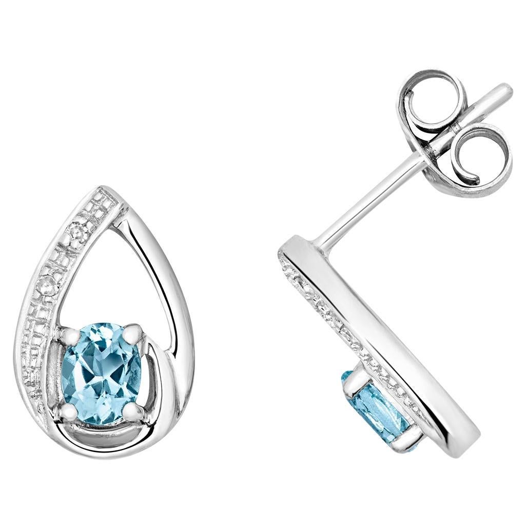Diamond & Aquamarine Oval And Pear Shape Studs In 9Ct White Gold For Sale