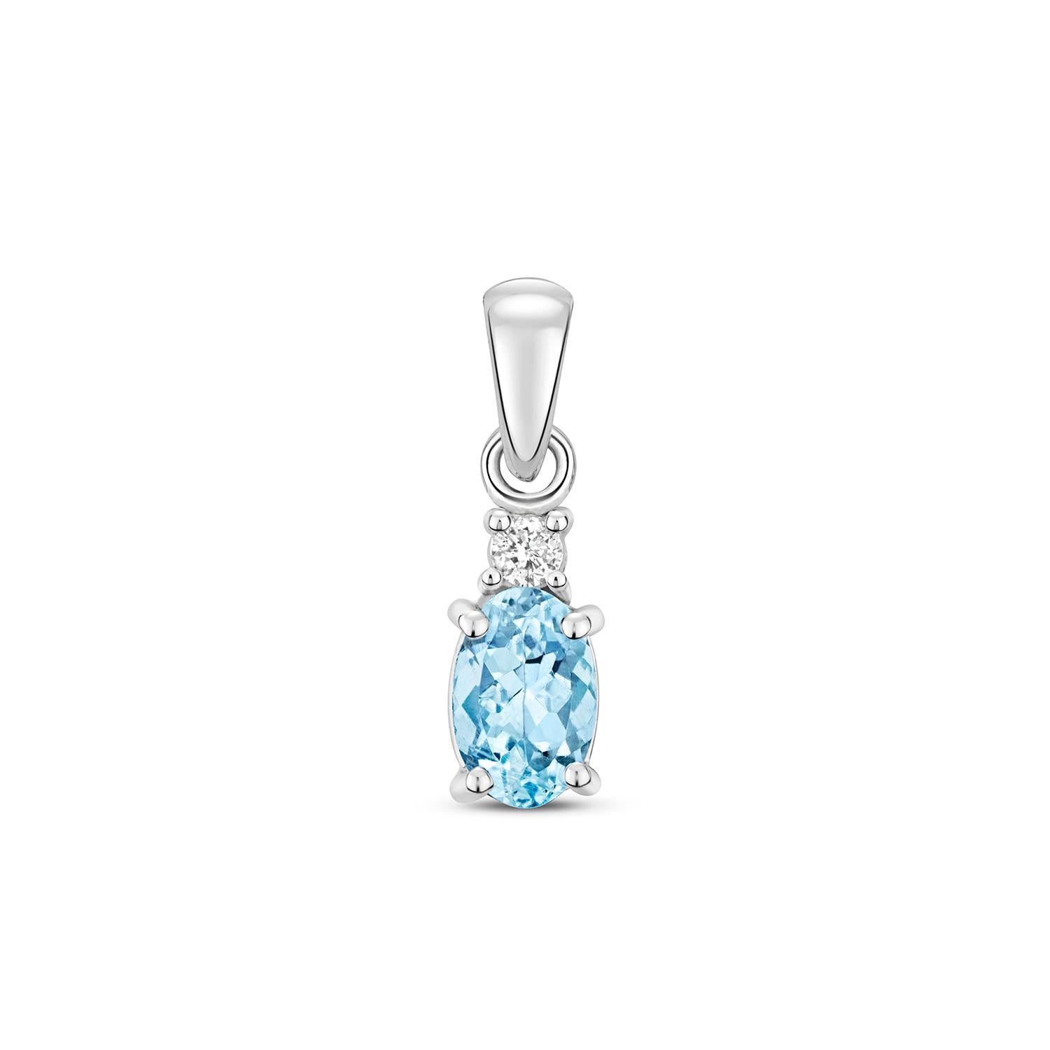 Women's Diamond & Aquamarine Oval Claw Set Pendant In 9Ct White Gold For Sale