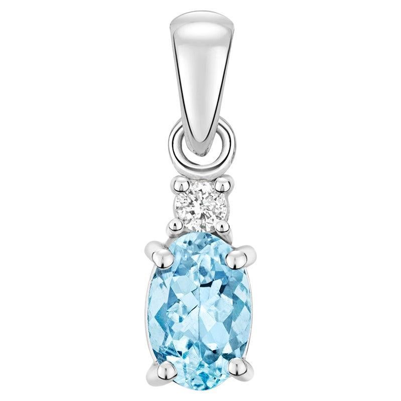 Diamond & Aquamarine Oval Claw Set Pendant In 9Ct White Gold For Sale
