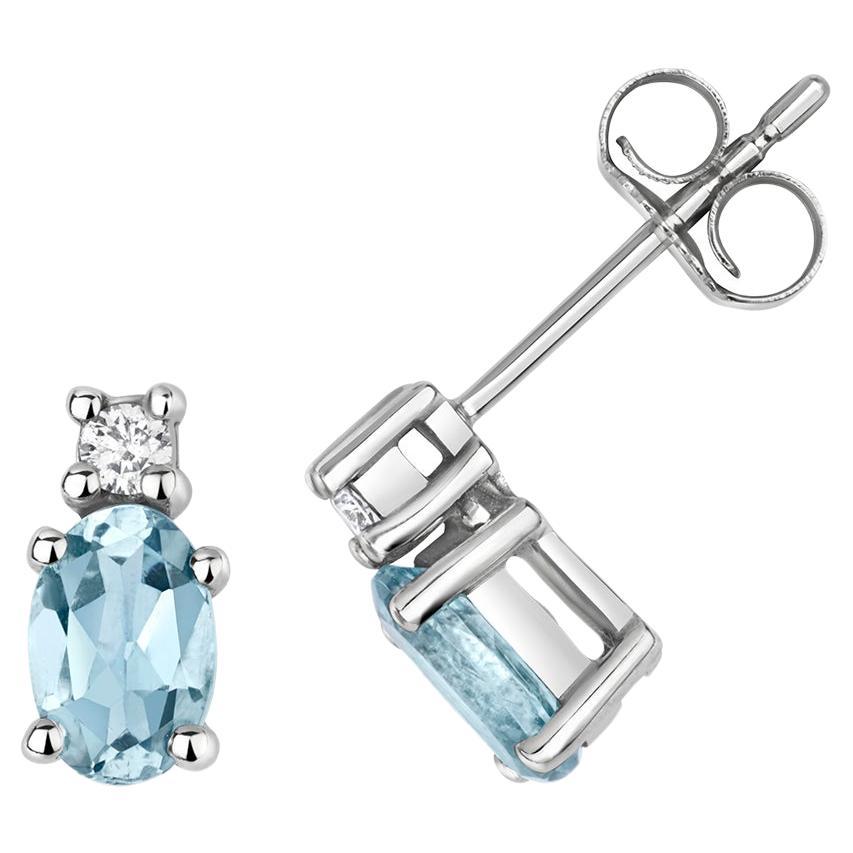 DIAMOND & AQUAMARINE OVAL CLAW SET STUDS IN 9CT WHITE Gold For Sale
