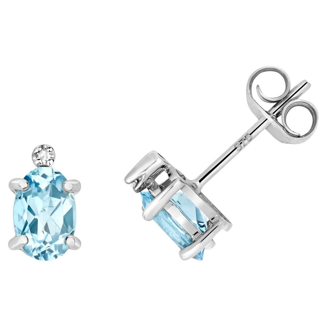 DIAMOND & AQUAMARINE OVAL CLAW SET STUDS IN 9CT WHITE Gold For Sale