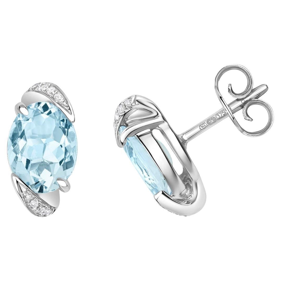 DIAMOND & AQUAMARINE OVAL STUDS IN 9CT WHITE Gold For Sale