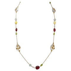 Diamond Aquamarine Peridot Rubellite and Gold Sautoir Necklace