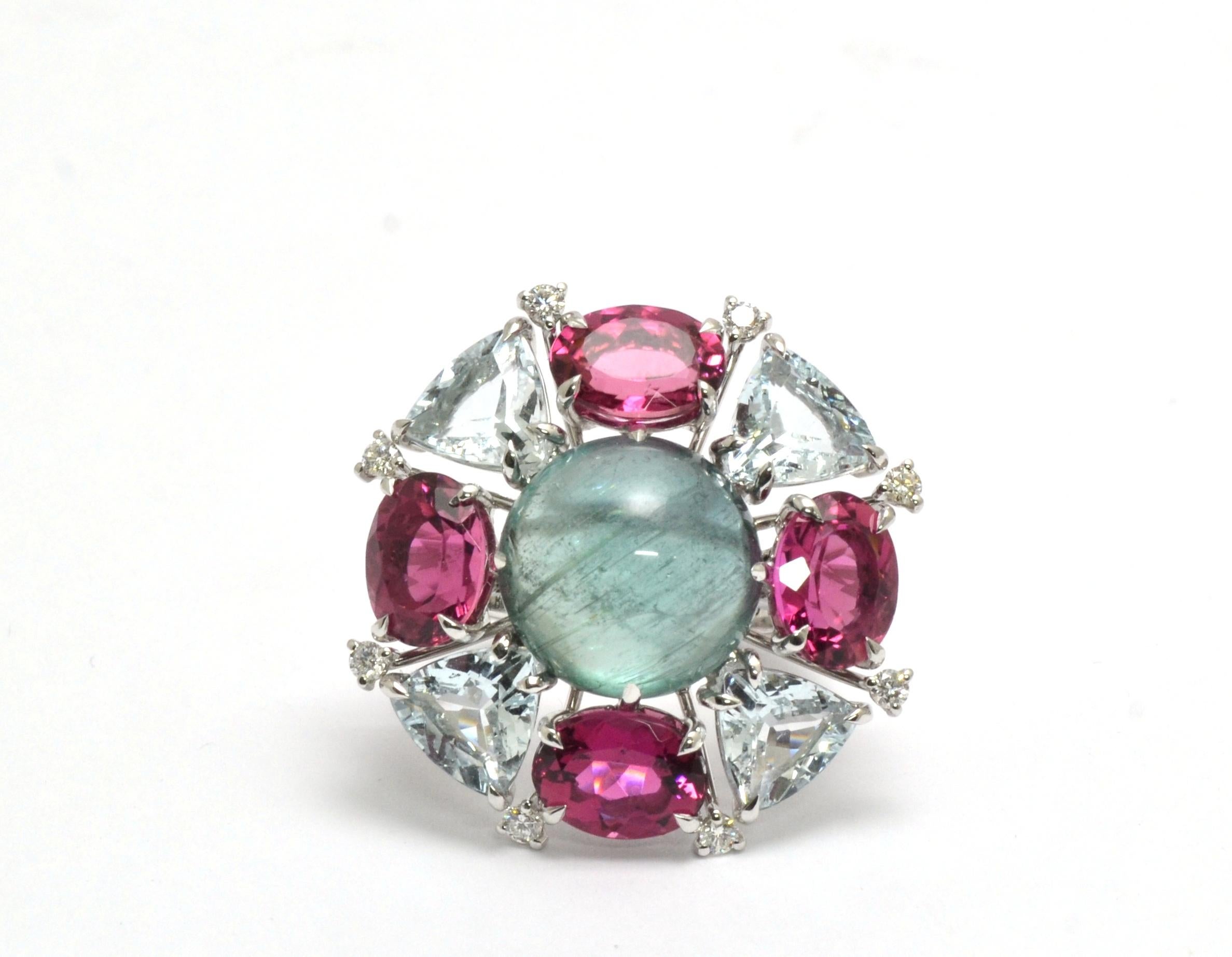 Women's Diamond Aquamarine Pink Green Bluish Tourmalines 18 Karat White Gold Ring For Sale