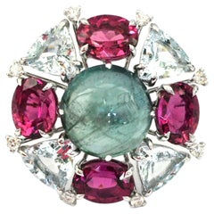 Diamond Aquamarine Pink Green Bluish Tourmalines 18 Karat White Gold Ring