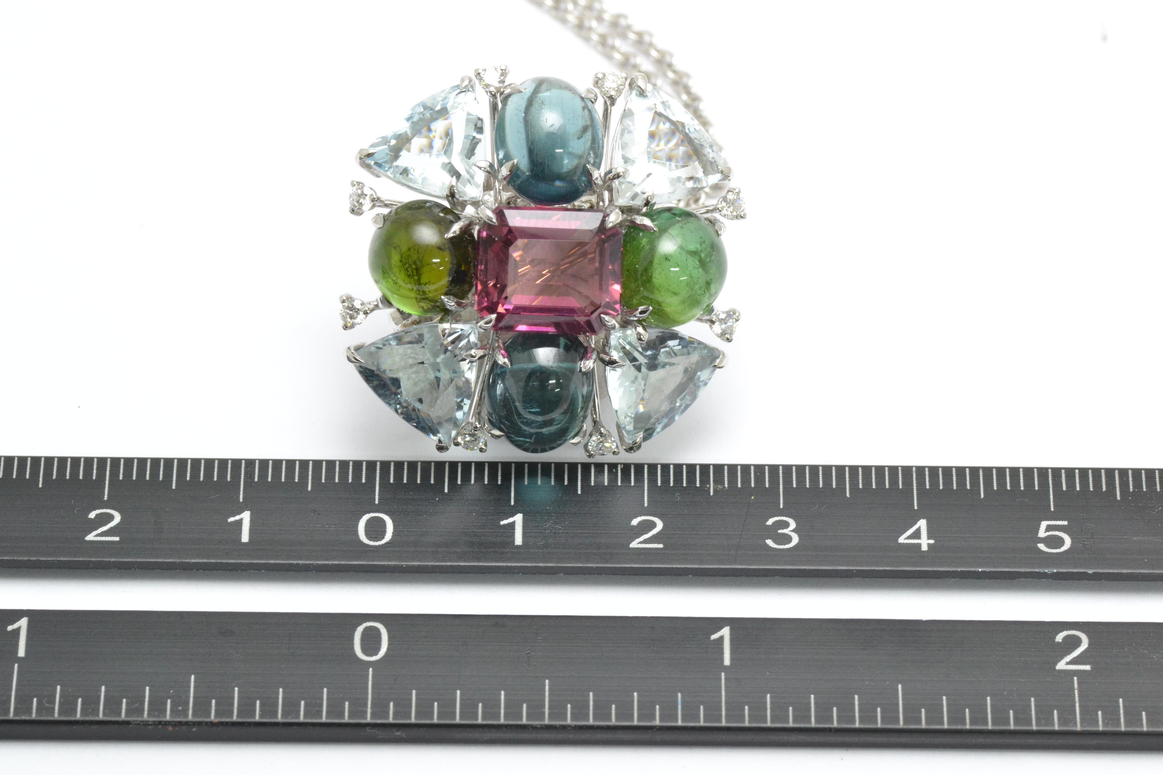 Diamond Aquamarine Pink Green Bluish Tourmalines 18kt White Brooch and Pendant In New Condition For Sale In Valenza , IT