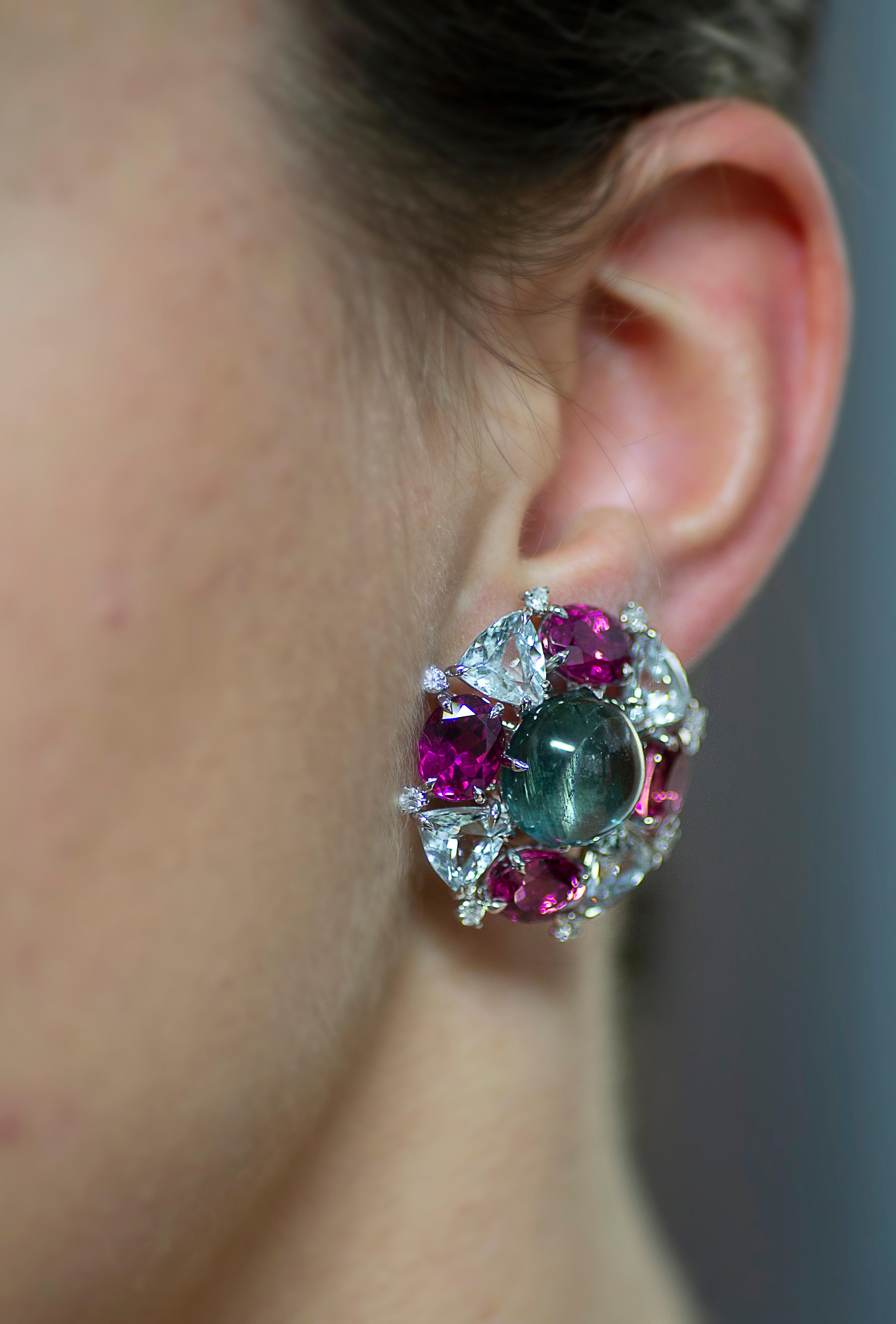 Mixed Cut Diamond Aquamarine Pink Green Tourmalines  18 KT White Gold Mismatching Earrings