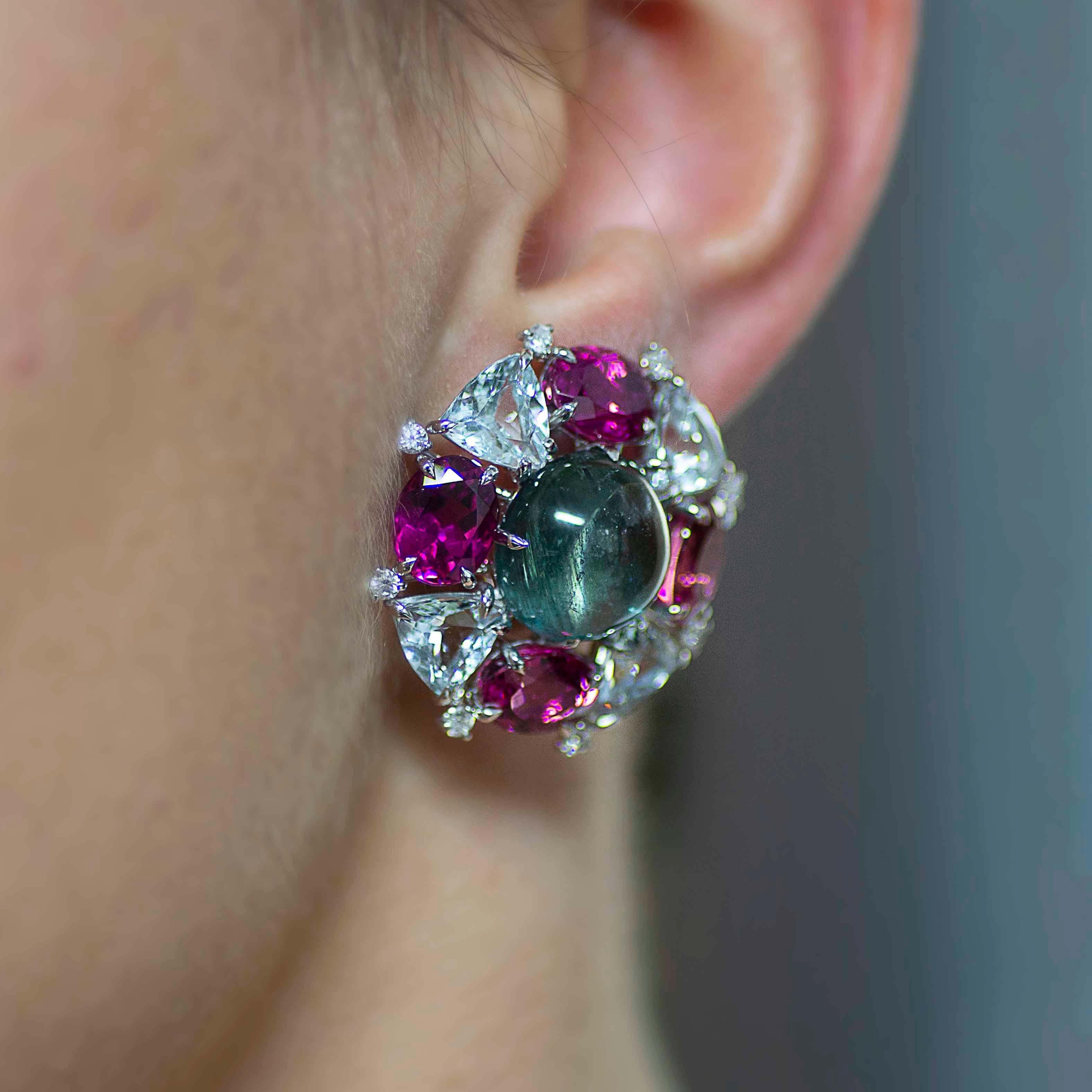 Diamond Aquamarine Pink Green Tourmalines  18 KT White Gold Mismatching Earrings In New Condition In Valenza , IT