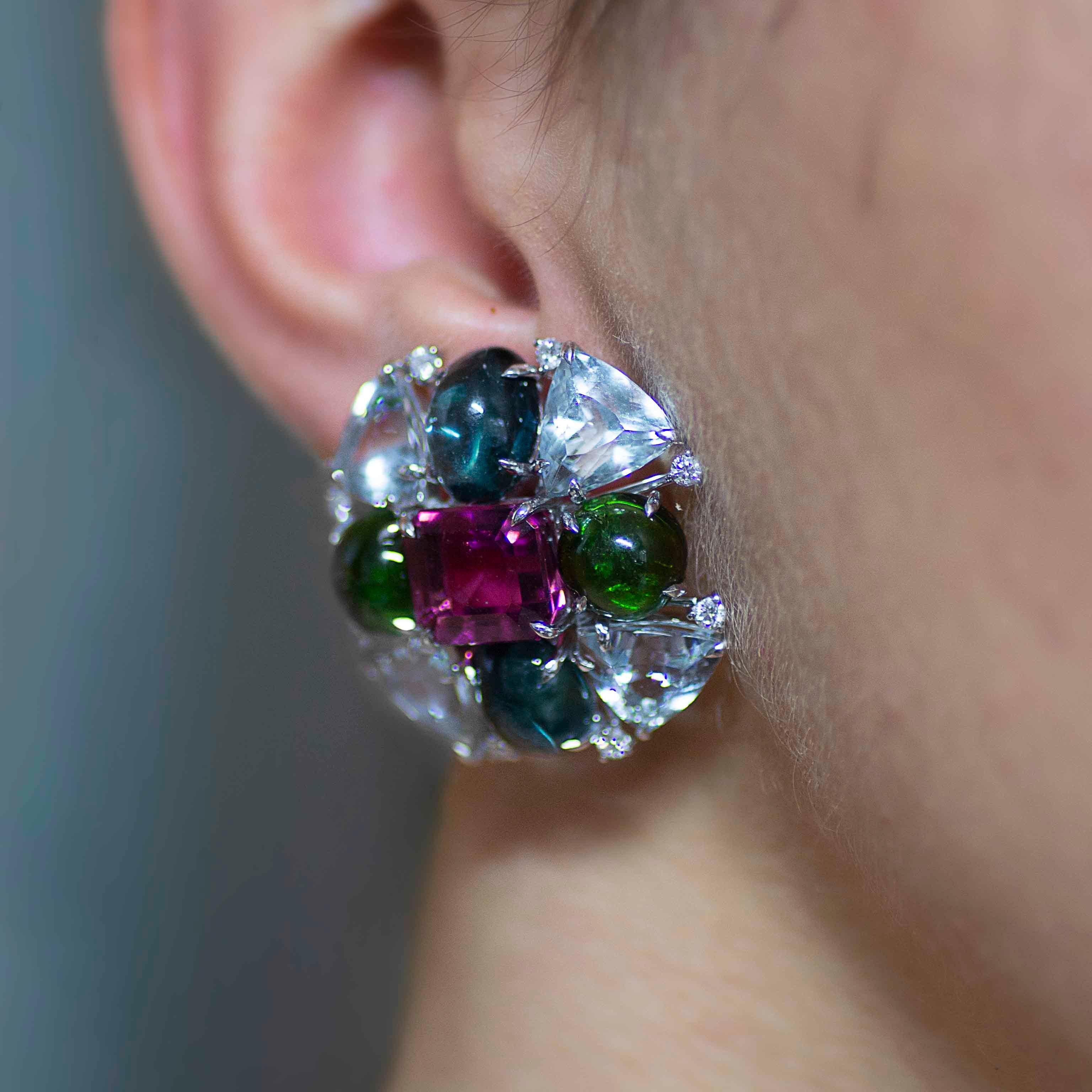 Women's Diamond Aquamarine Pink Green Tourmalines  18 KT White Gold Mismatching Earrings