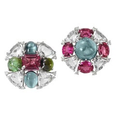 Diamond Aquamarine Pink Green Tourmalines  18 KT White Gold Mismatching Earrings