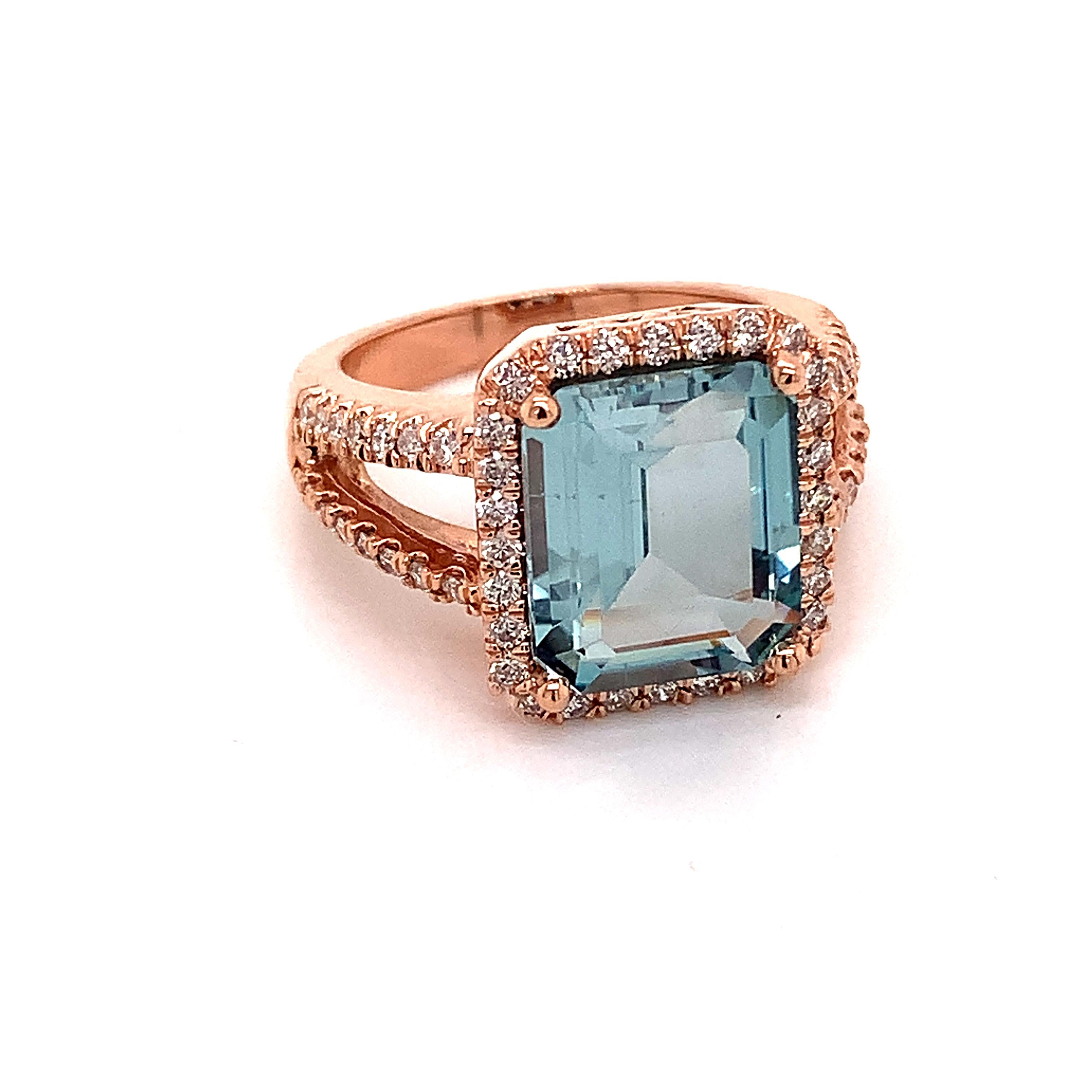 Emerald Cut Diamond Aquamarine Ring 14k Gold 6.25 TCW Certified For Sale