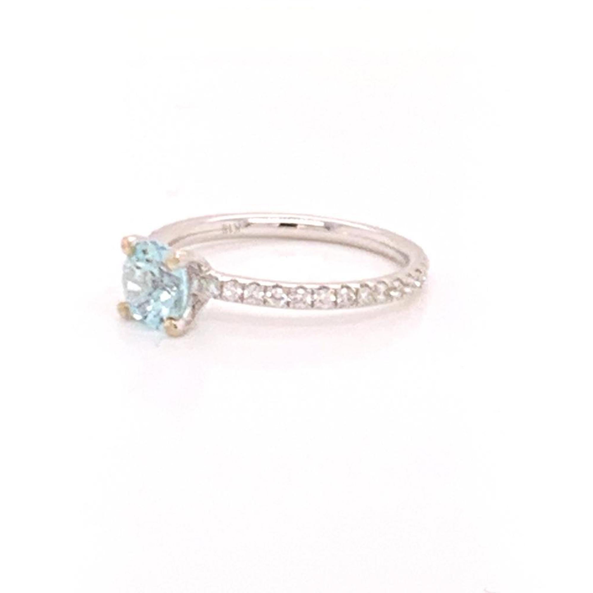 Round Cut Diamond Aquamarine Ring 18k White Gold 1.08 TCW Certified For Sale