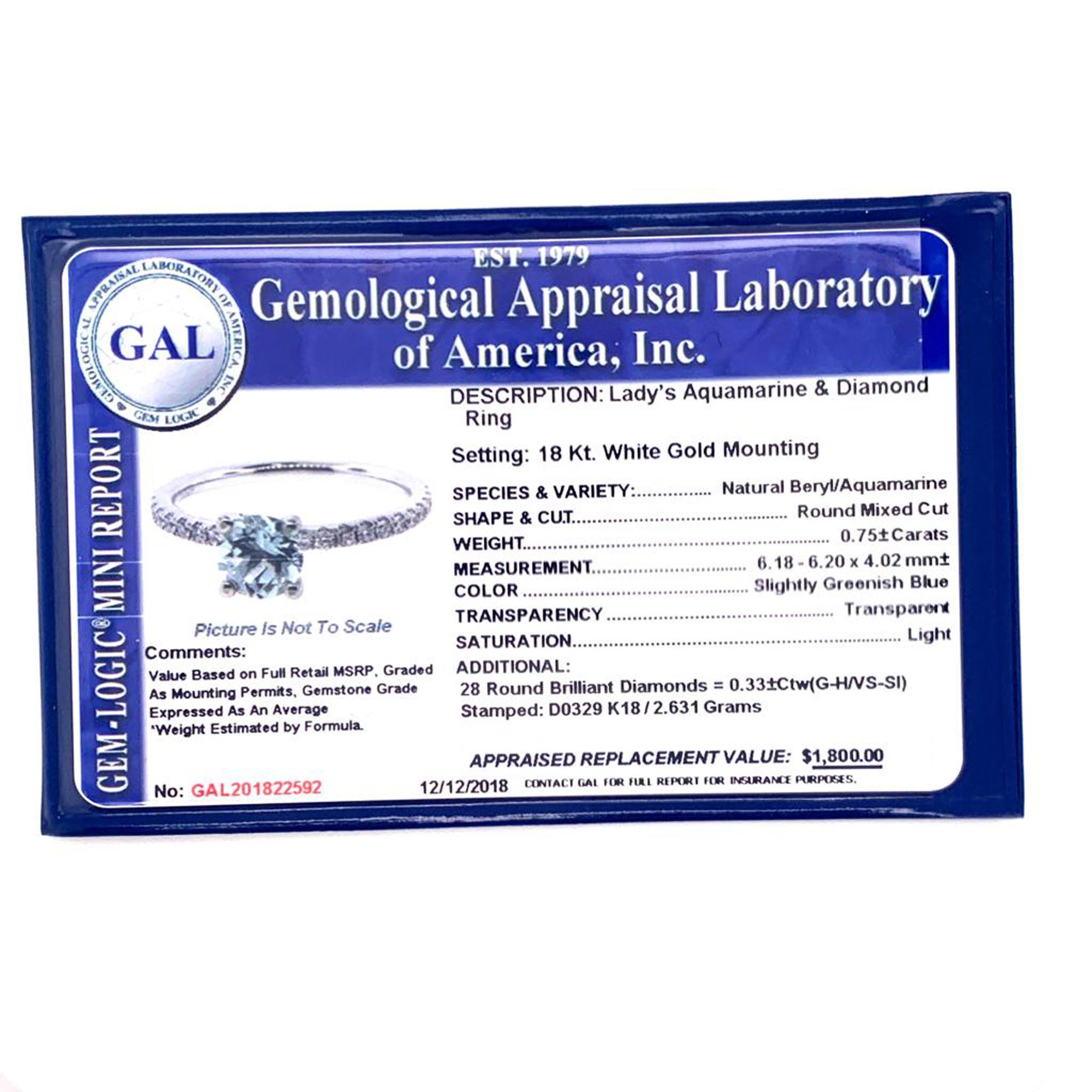 Diamond Aquamarine Ring 18k White Gold 1.08 TCW Certified For Sale 1