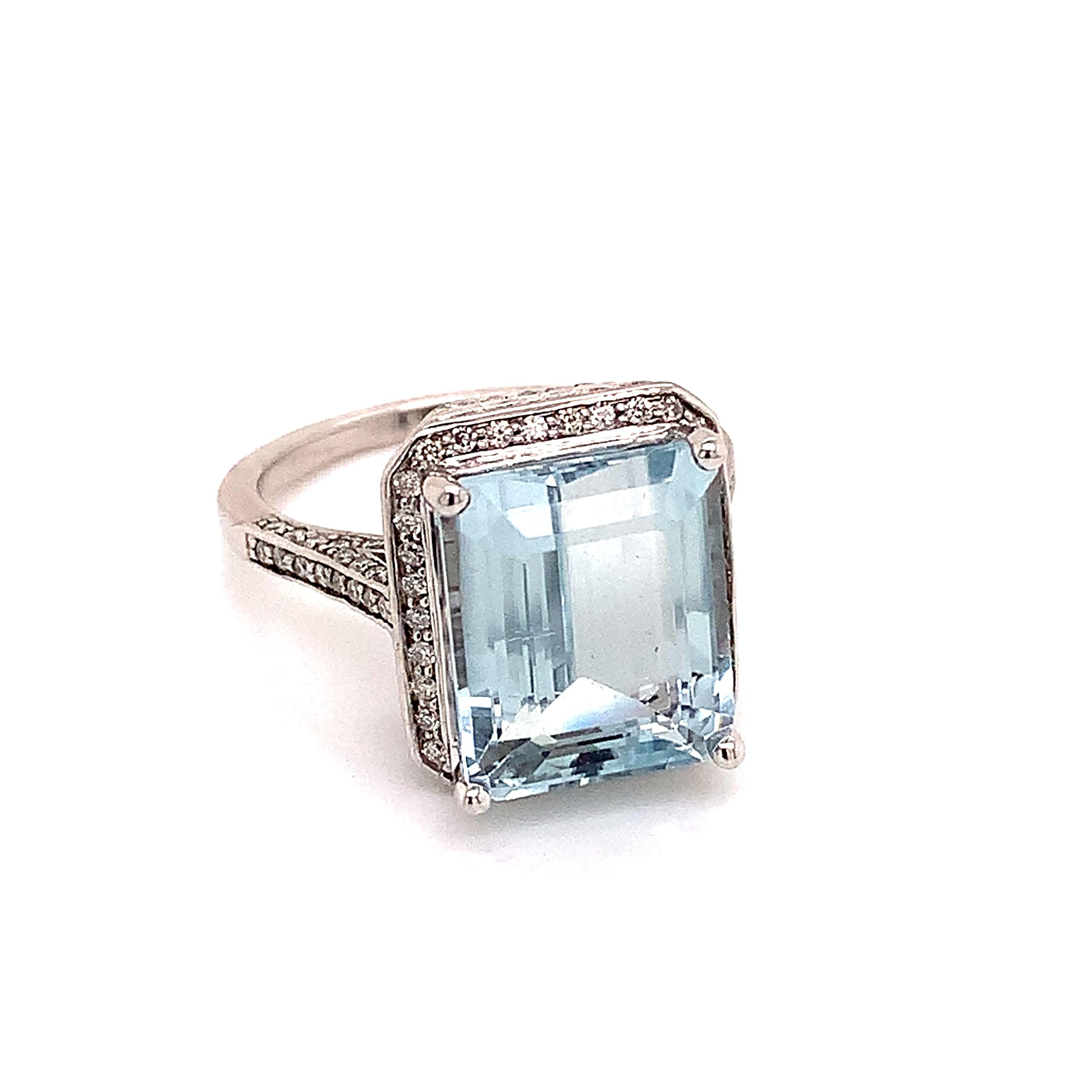 Emerald Cut Diamond Aquamarine Ring 14k Gold 6.25 TCW Certified For Sale