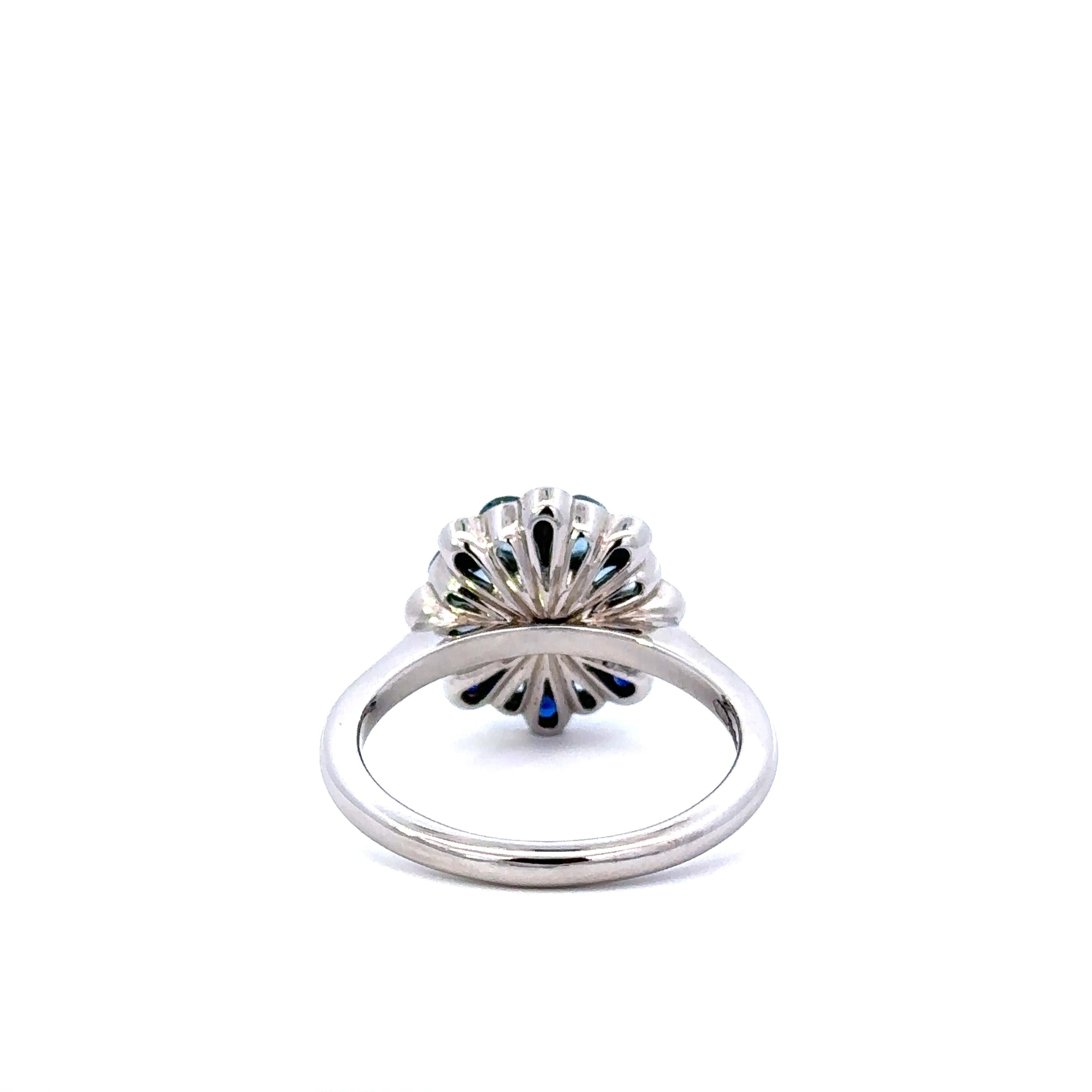 Contemporary Diamond, Aquamarine, & Sapphire Rose Floral Platinum Cocktail Ring  For Sale