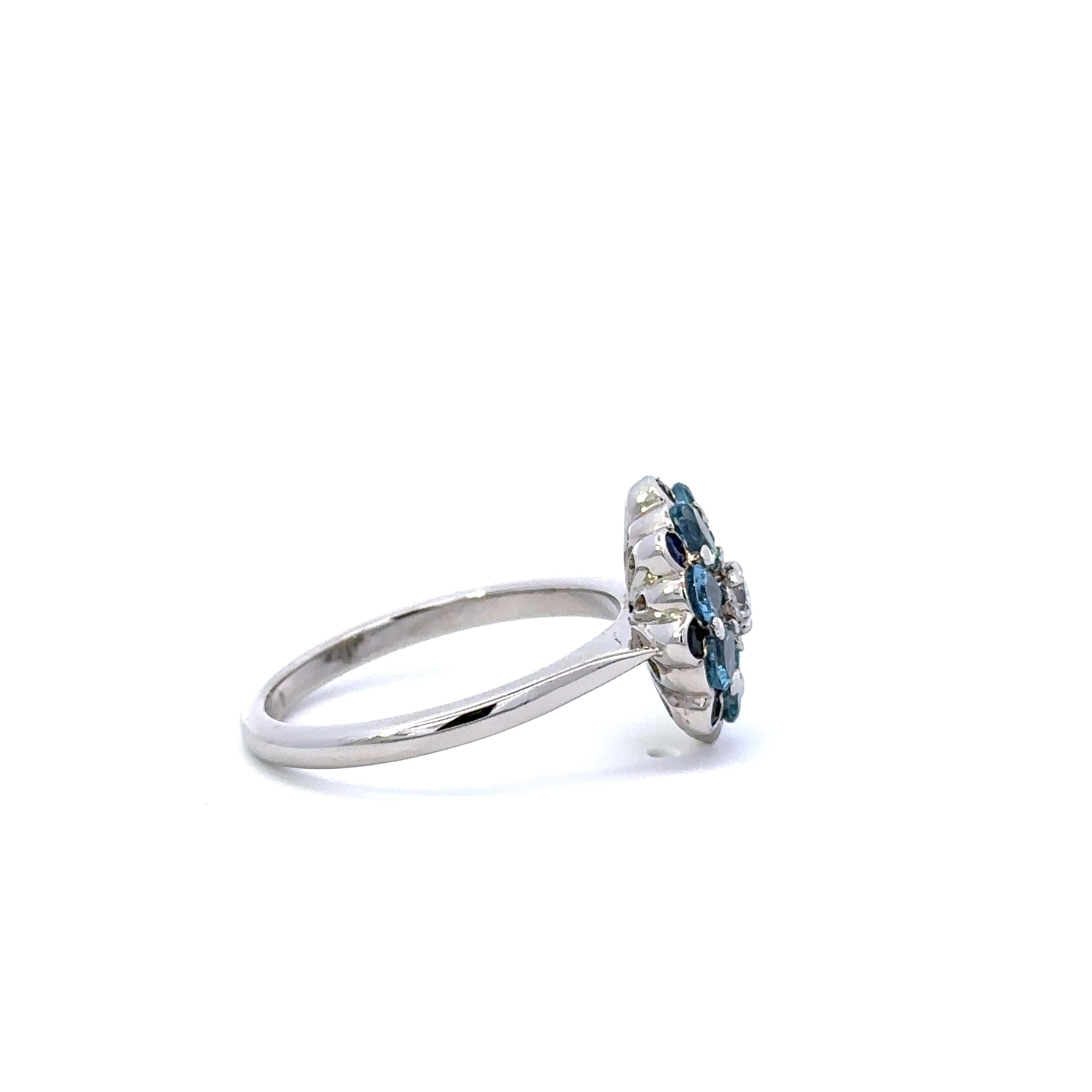 Brilliant Cut Diamond, Aquamarine, & Sapphire Rose Floral Platinum Cocktail Ring  For Sale