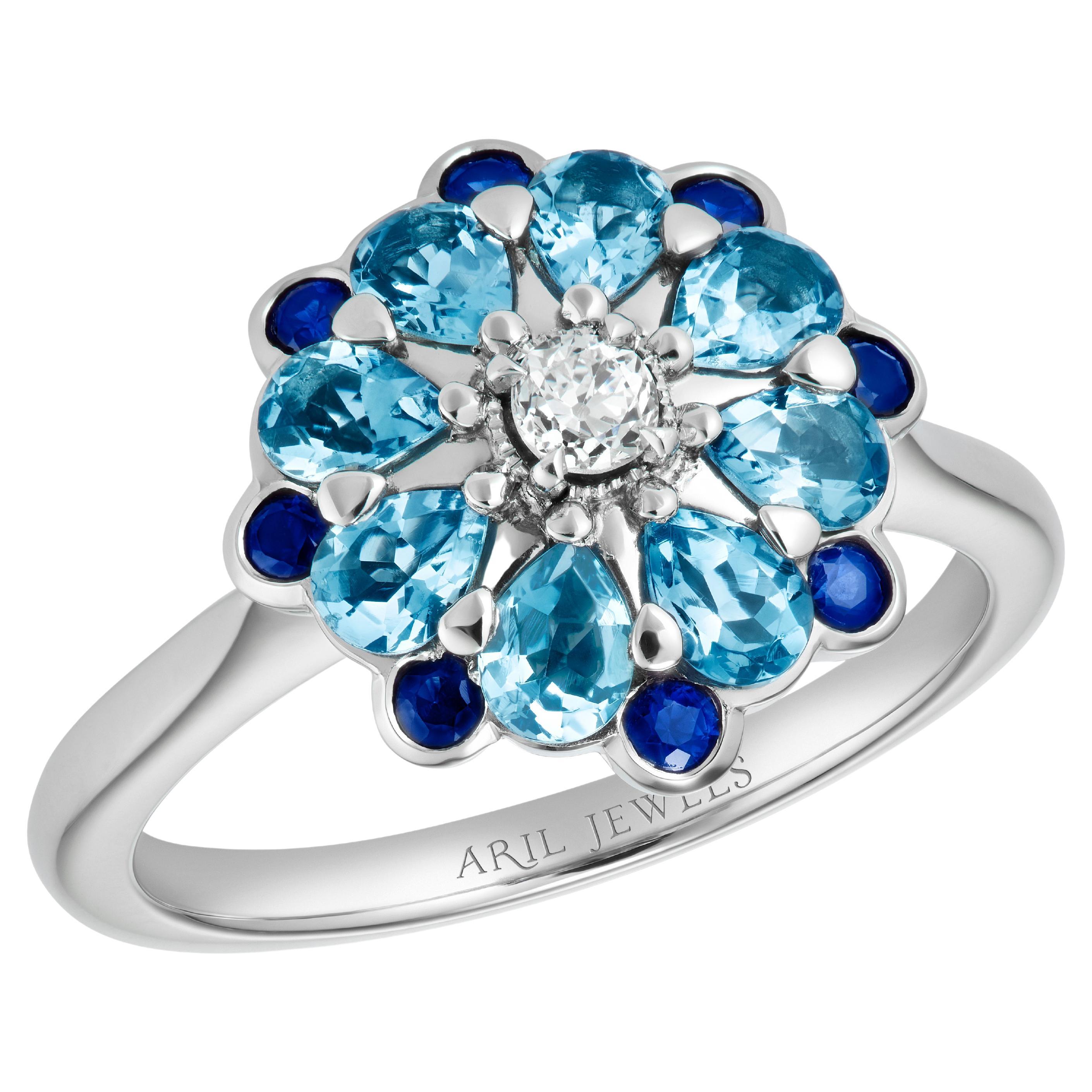 Diamond, Aquamarine, & Sapphire Rose Floral Platinum Cocktail Ring 