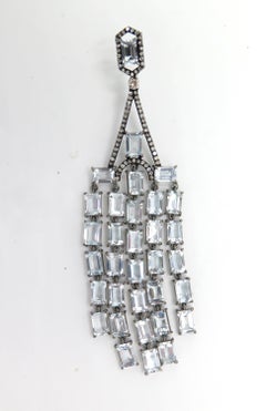 Diamond and Aquamarine Silver and Rhodium Plated Dangle Earrings