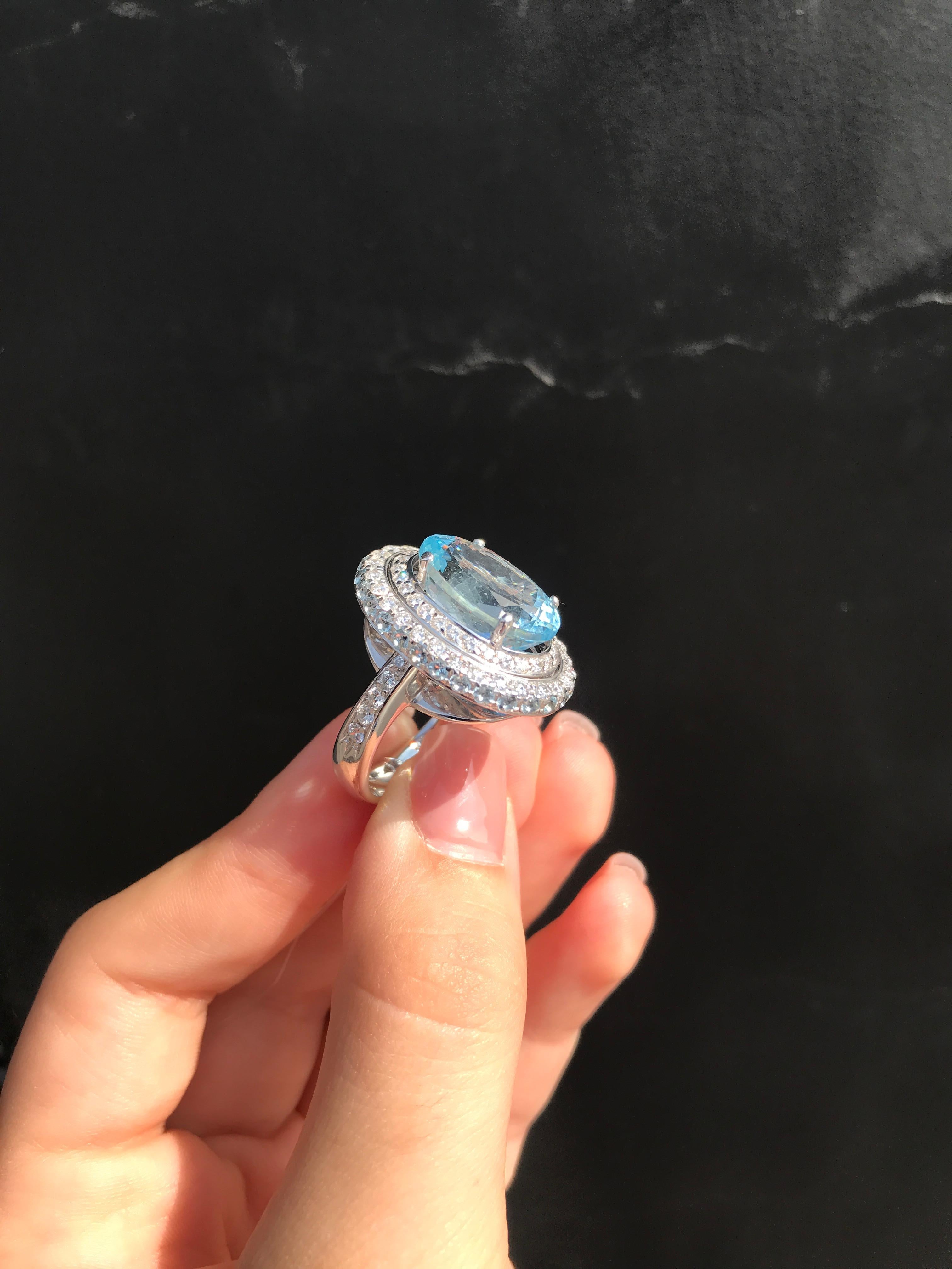 Round Cut Diamond Aquamarine Topaz White Gold 18 Karat Solitaire Ring For Sale