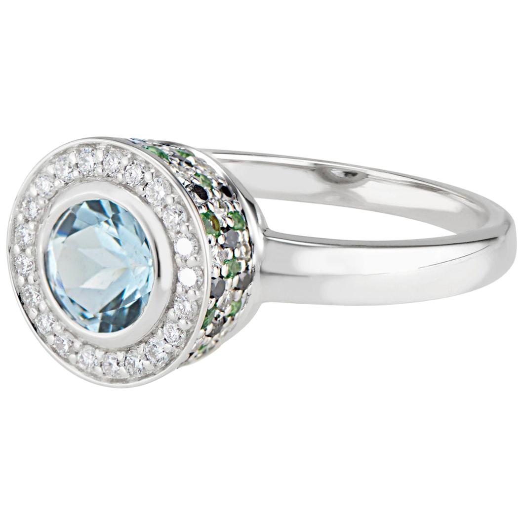 Diamond Aquamarine, Tsavorite and Black Diamond Ring