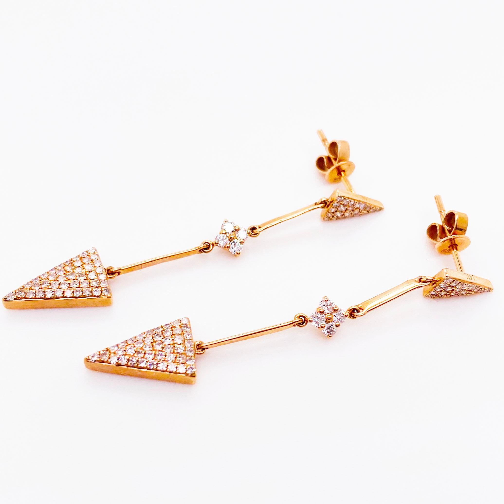 Round Cut Diamond Arrow Earring Dangles in 14 Karat Gold Pave Diamond Point Drop Earrings