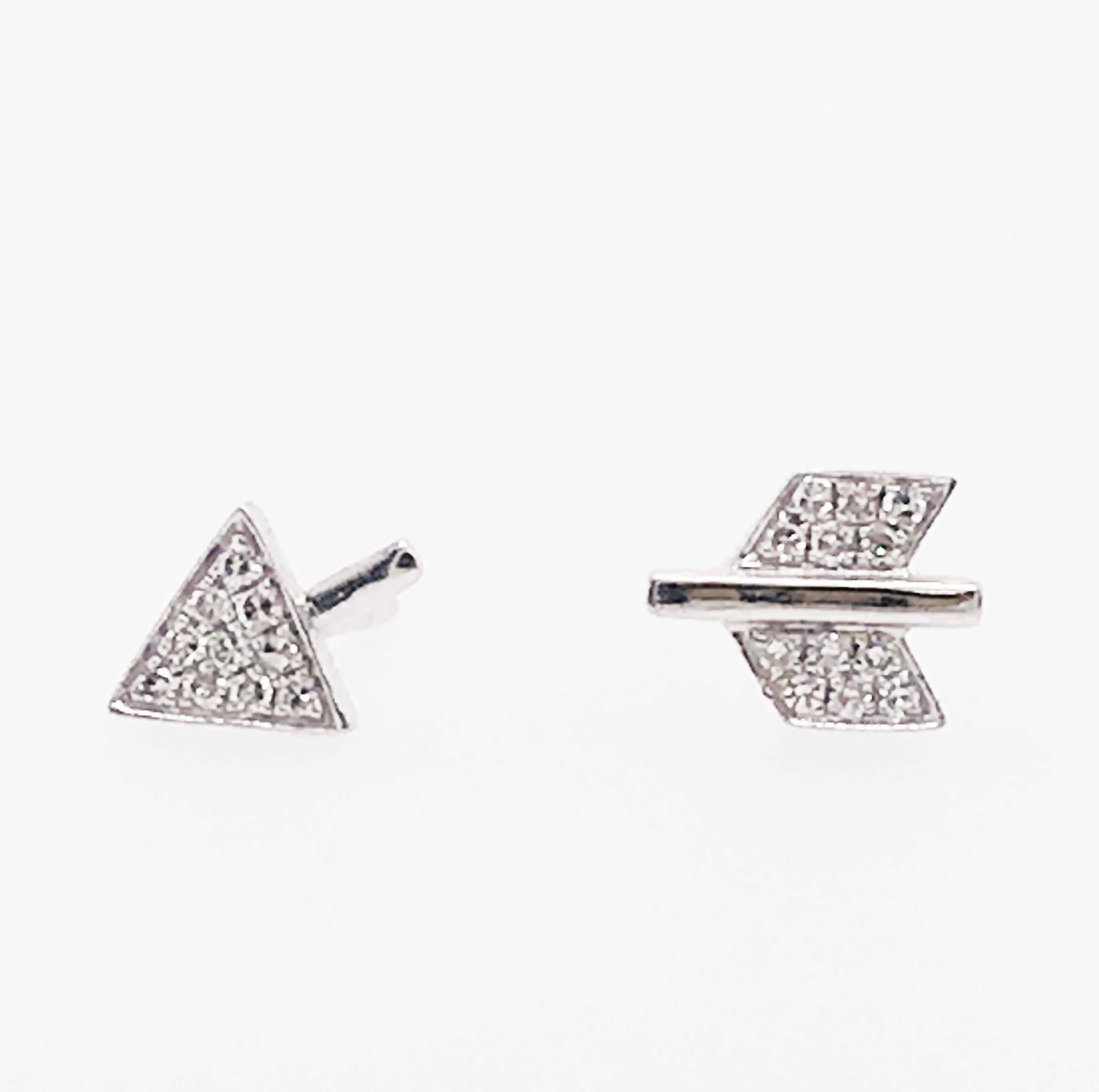These fun diamond arrow earrings are trendy and adorable! The asymmetric diamond earrings have an innovative design that is very intriguing. The studs work together to create an arrow. One stud is the head of the arrow with a triangle shape that has