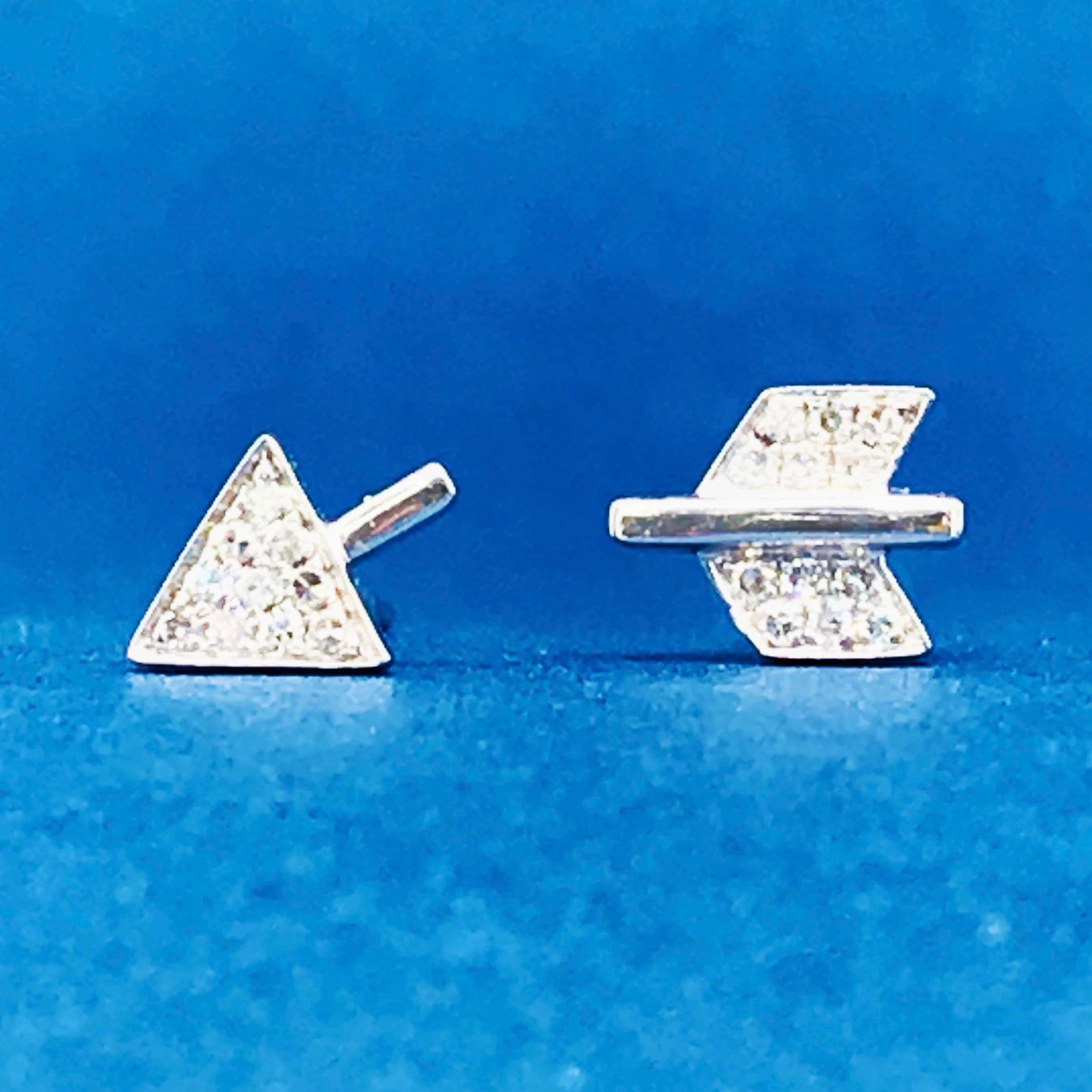 Round Cut Diamond Arrow Stud Earrings, Asymmetric 14 Karat Gold with 0.05 Carat Diamonds