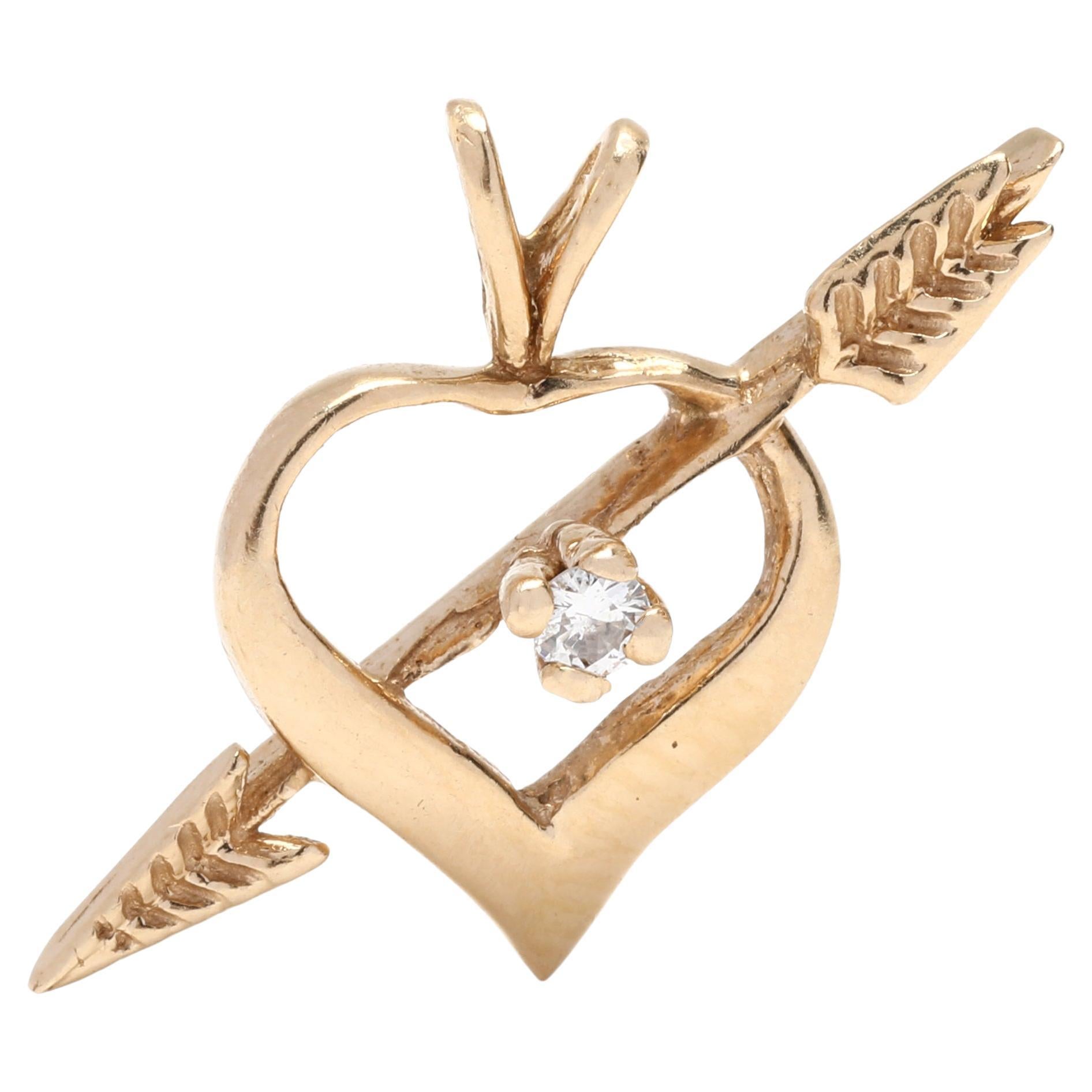 Diamond Arrow through Heart Pendant, 14k Yellow Gold, Open For Sale