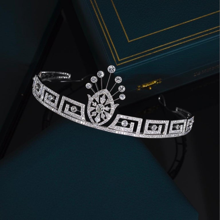 Round Cut Diamond Art Deco Style Greek Key Diamond Platinum Tiara For Sale