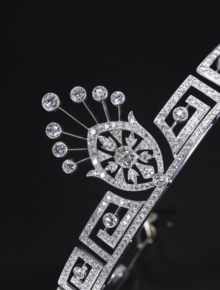 Women's or Men's Diamond Art Deco Style Greek Key Diamond Platinum Tiara For Sale