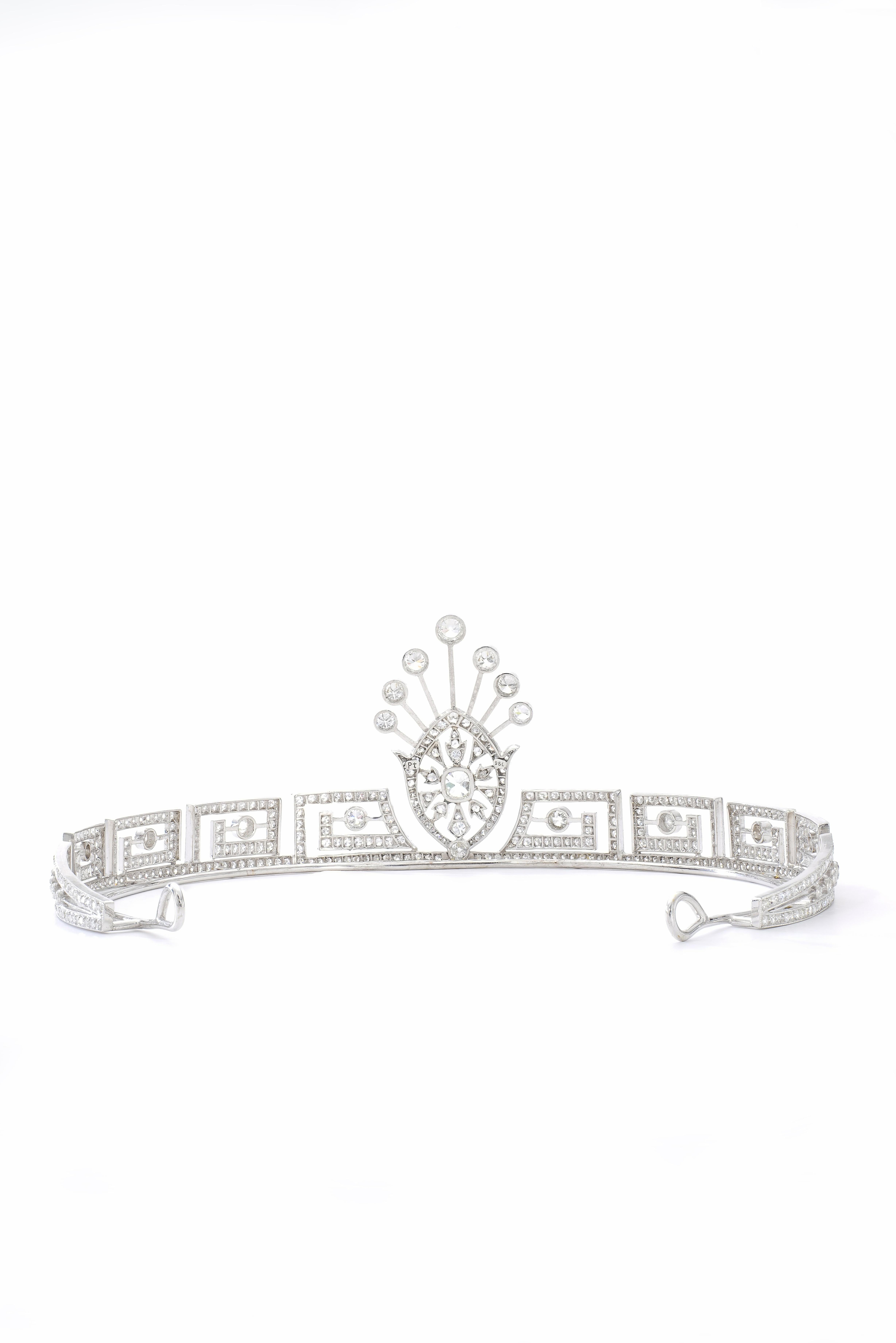 Women's or Men's Art Deco Style Greek Key Diamond Platinum Tiara For Sale