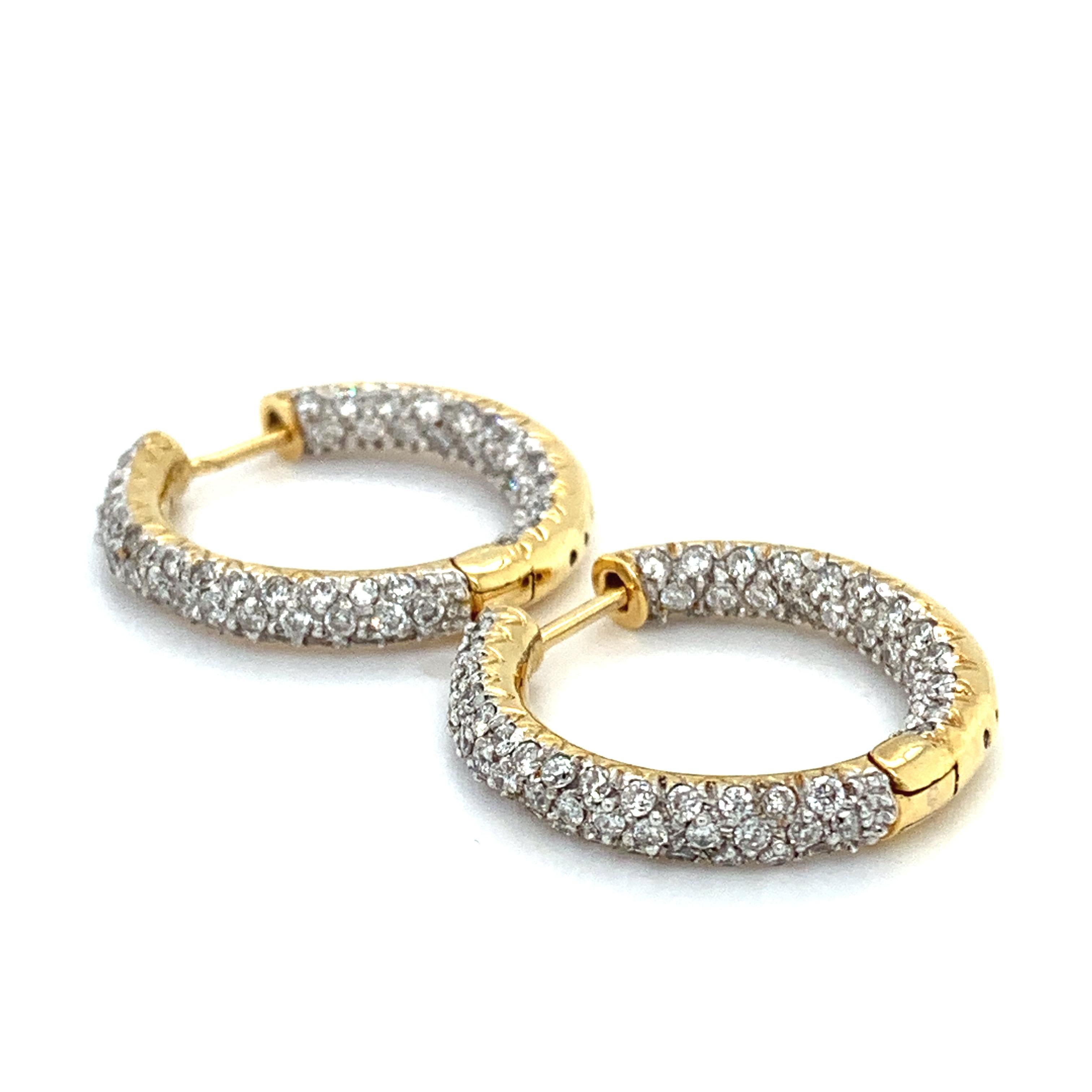 Round Cut Diamond art deco hoops huggies earrings 18k yellow gold For Sale