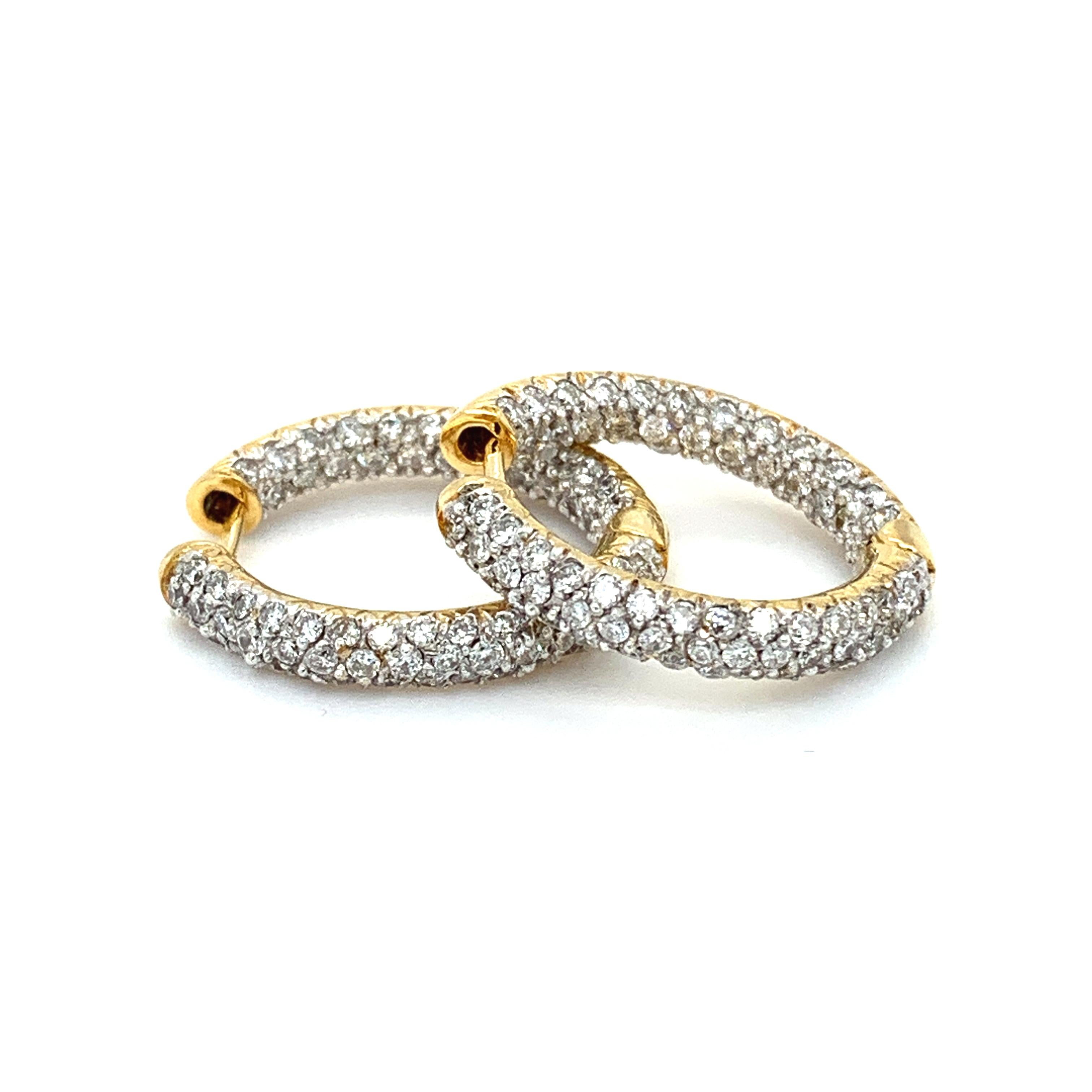 Diamond art deco hoops huggies earrings 18k yellow gold In New Condition For Sale In London, GB