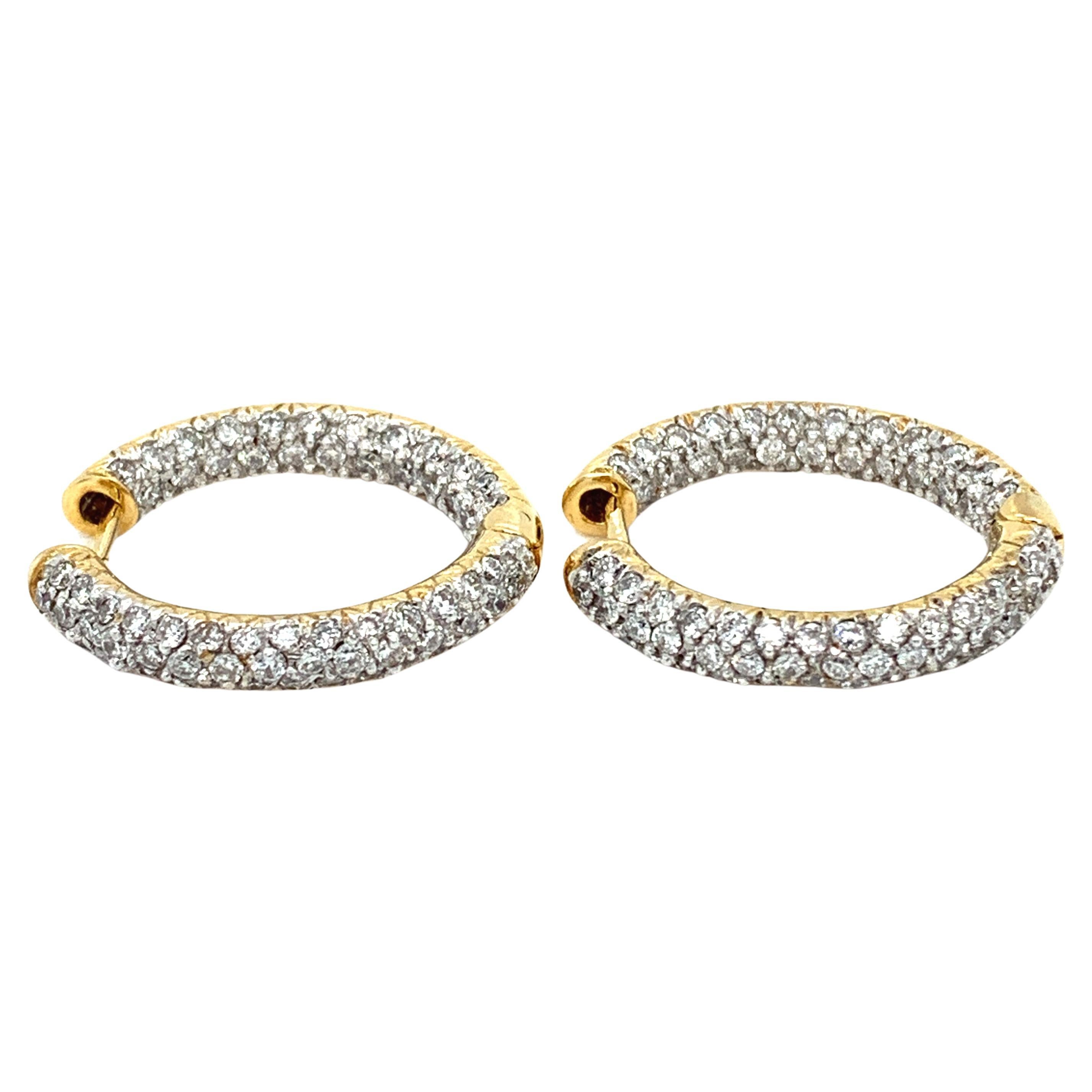 Diamond art deco hoops huggies earrings 18k yellow gold For Sale