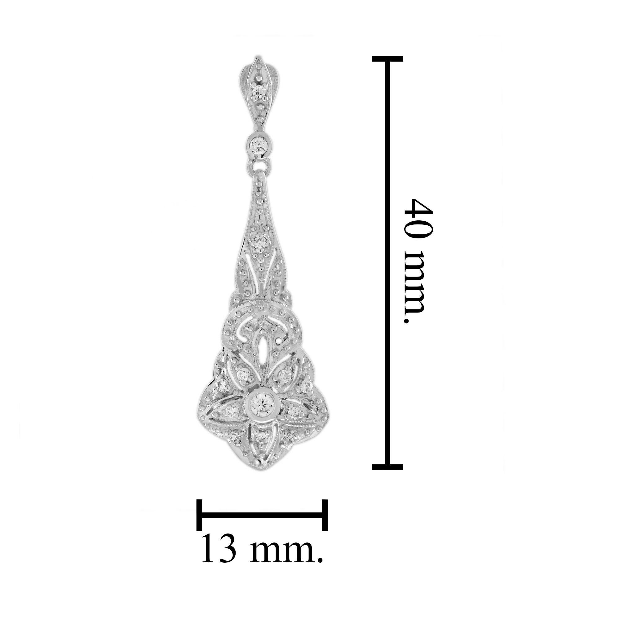 Diamond Art Deco Inspired Style Floral 14K White Gold Pendant In New Condition For Sale In Oakton, VA